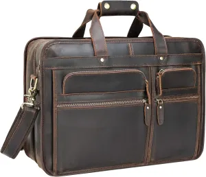 Polare 17'' Full Grain Leather Briefcase Laptop Attache Case Messenger Bag for Men Fits 15.6'' Laptop
