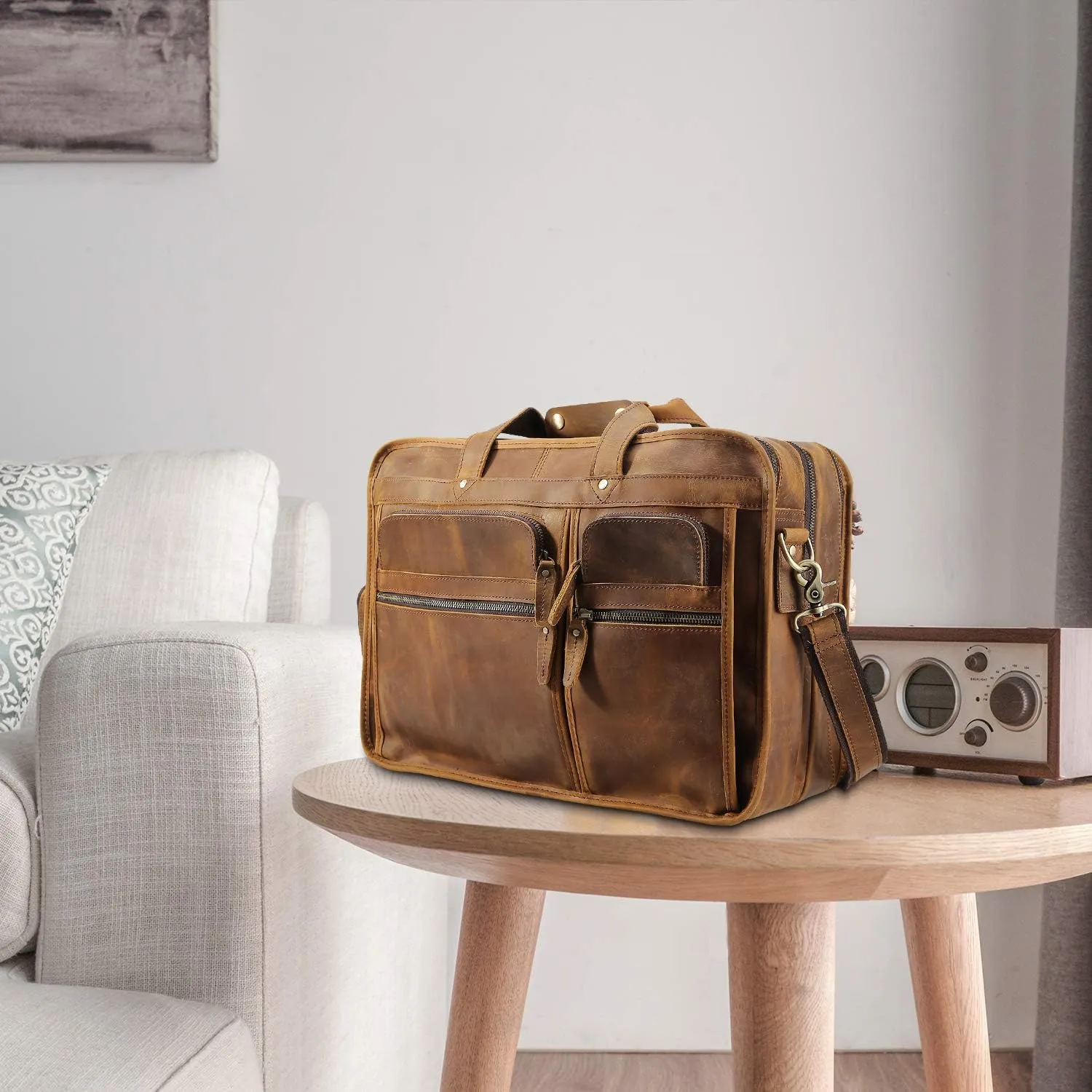 Polare 17'' Full Grain Leather Briefcase Laptop Attache Case Messenger Bag For Men Fits 15.6'' Laptop