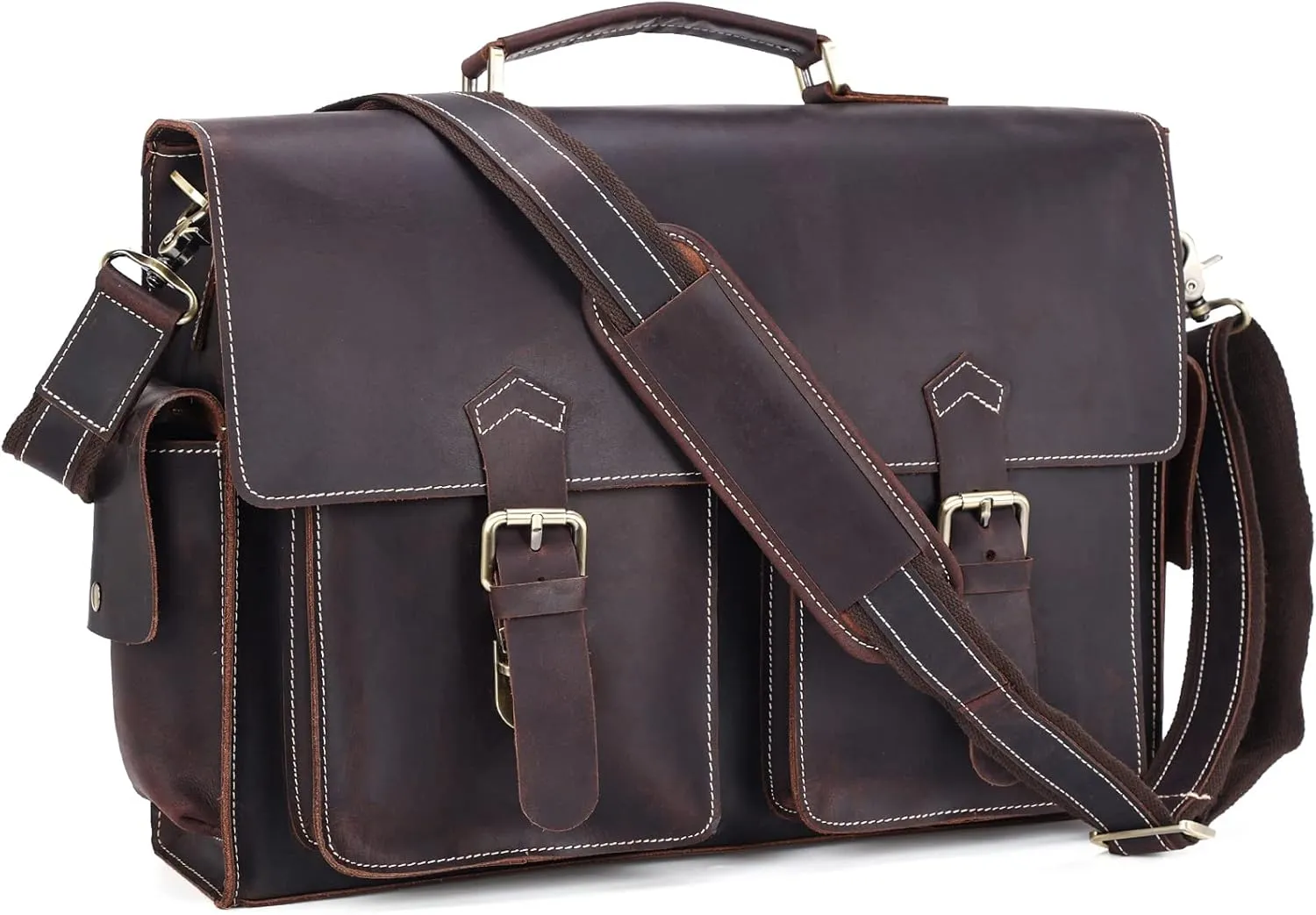 Polare Mens Full Grain Leather Laptop Briefcase Business Messenger Bag Satchel With YKK Metal Zippers