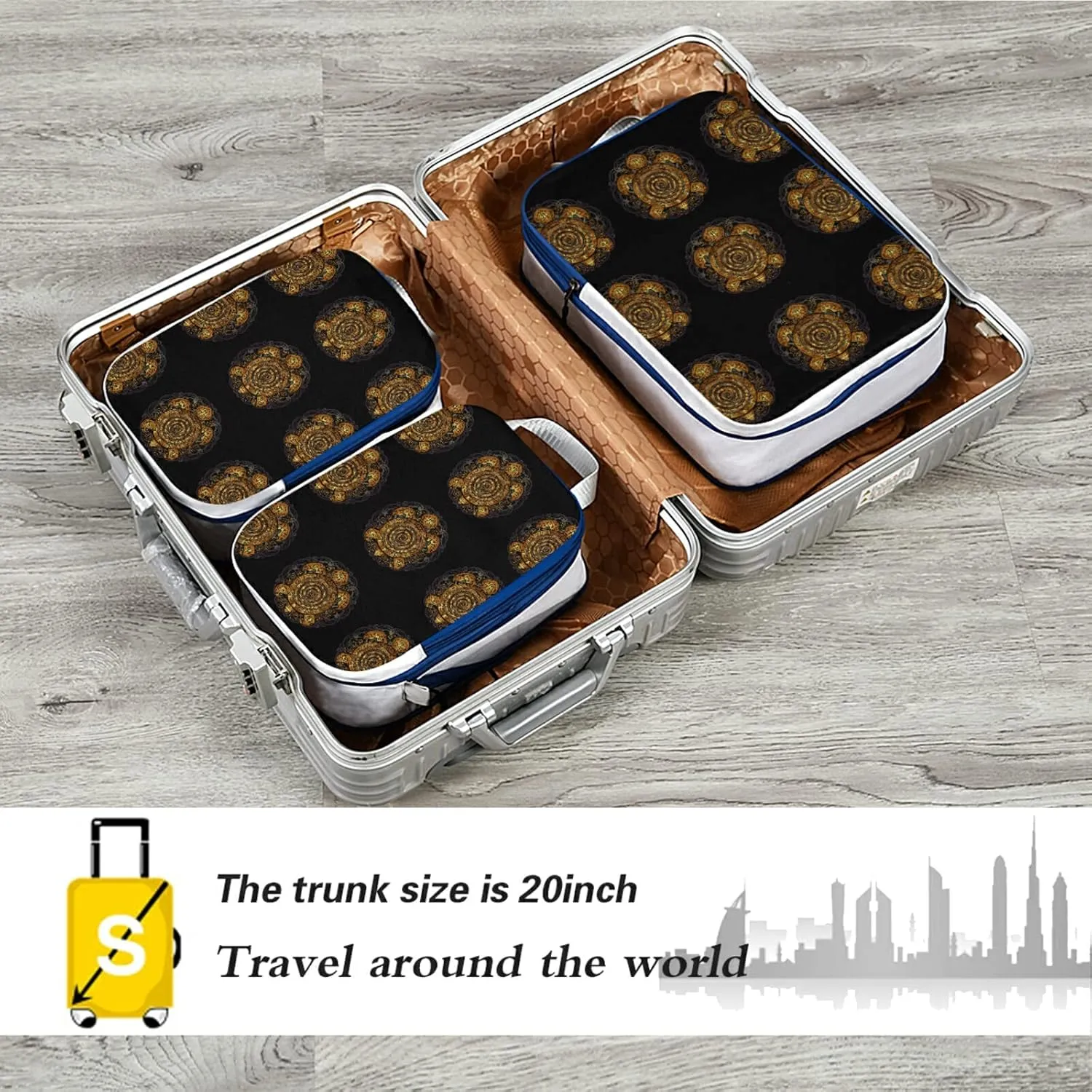 Polynesian Golden Tribal Sea Turtle Tattoo on Black Toned Maori 3 Piece set Cubes Expandable Adjustable Luggage Packing Bags, Ultralight Organizer Accessories Travel Suitcase Compressible Bags