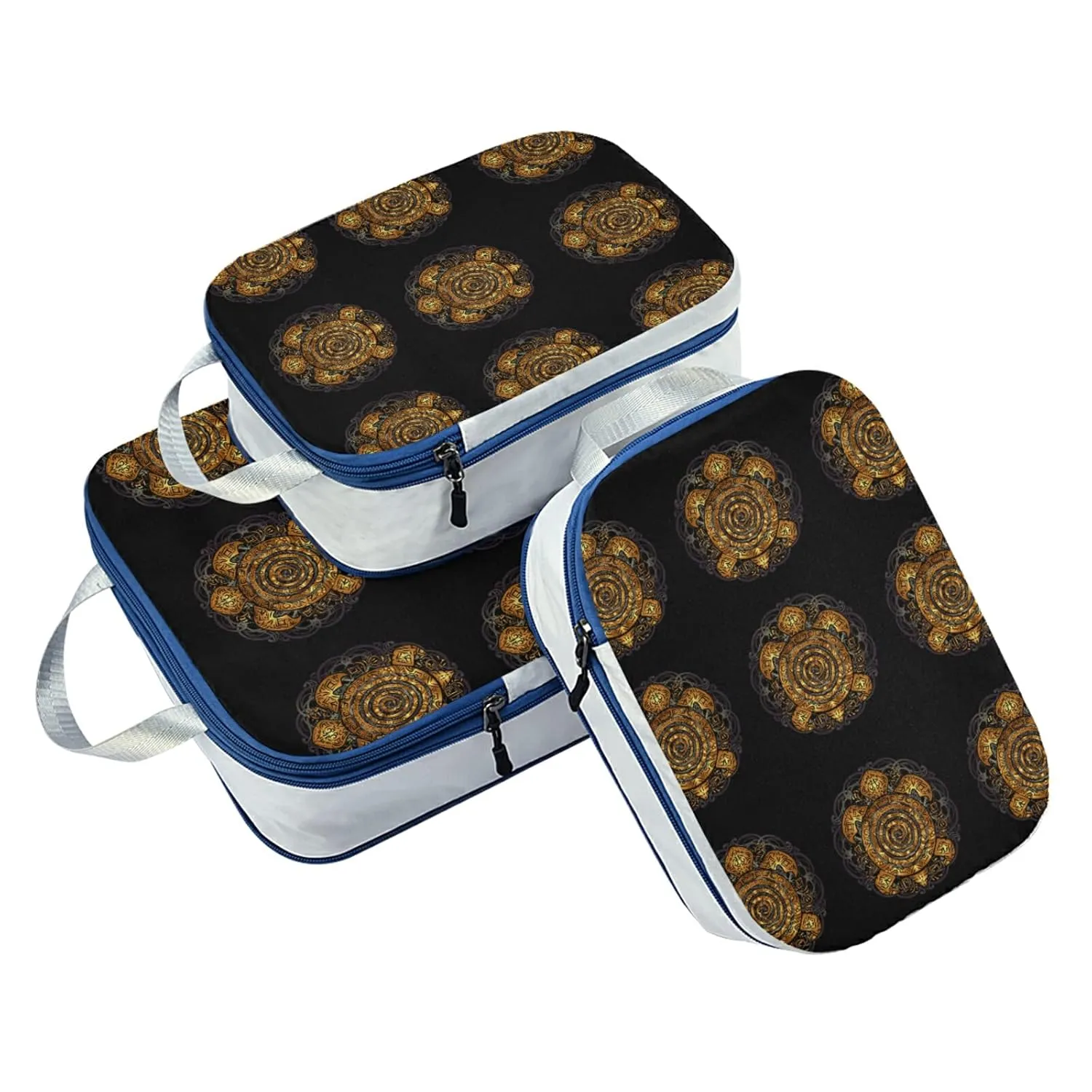 Polynesian Golden Tribal Sea Turtle Tattoo on Black Toned Maori 3 Piece set Cubes Expandable Adjustable Luggage Packing Bags, Ultralight Organizer Accessories Travel Suitcase Compressible Bags