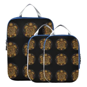 Polynesian Golden Tribal Sea Turtle Tattoo on Black Toned Maori 3 Piece set Cubes Expandable Adjustable Luggage Packing Bags, Ultralight Organizer Accessories Travel Suitcase Compressible Bags