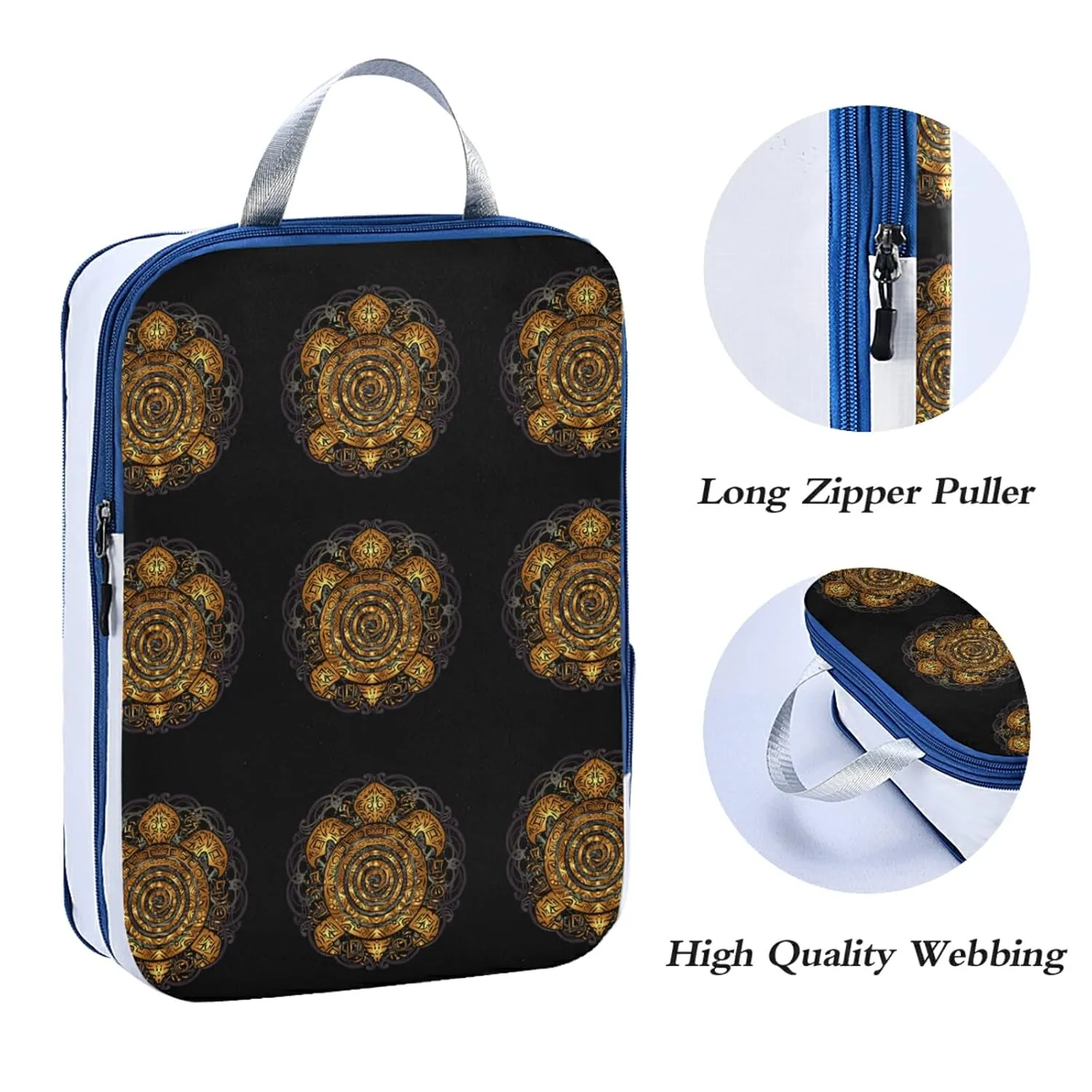 Polynesian Golden Tribal Sea Turtle Tattoo on Black Toned Maori 3 Piece set Cubes Expandable Adjustable Luggage Packing Bags, Ultralight Organizer Accessories Travel Suitcase Compressible Bags