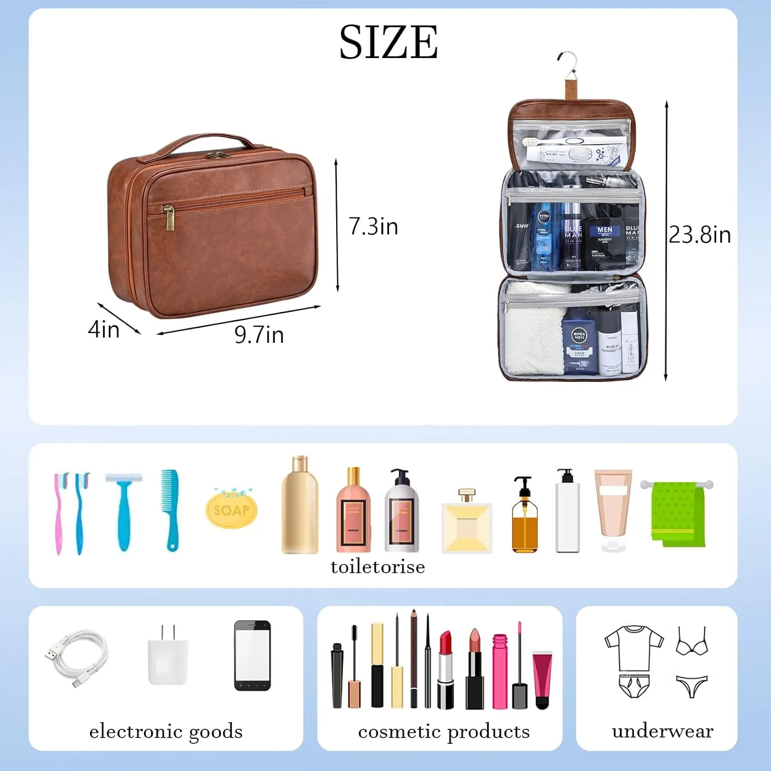 Portable Hanging Travel Toiletry Bags for Men Women Leather Toiletry Bag Waterproof Clear Toiletry Bag Large Organizer Bag for Toiletries