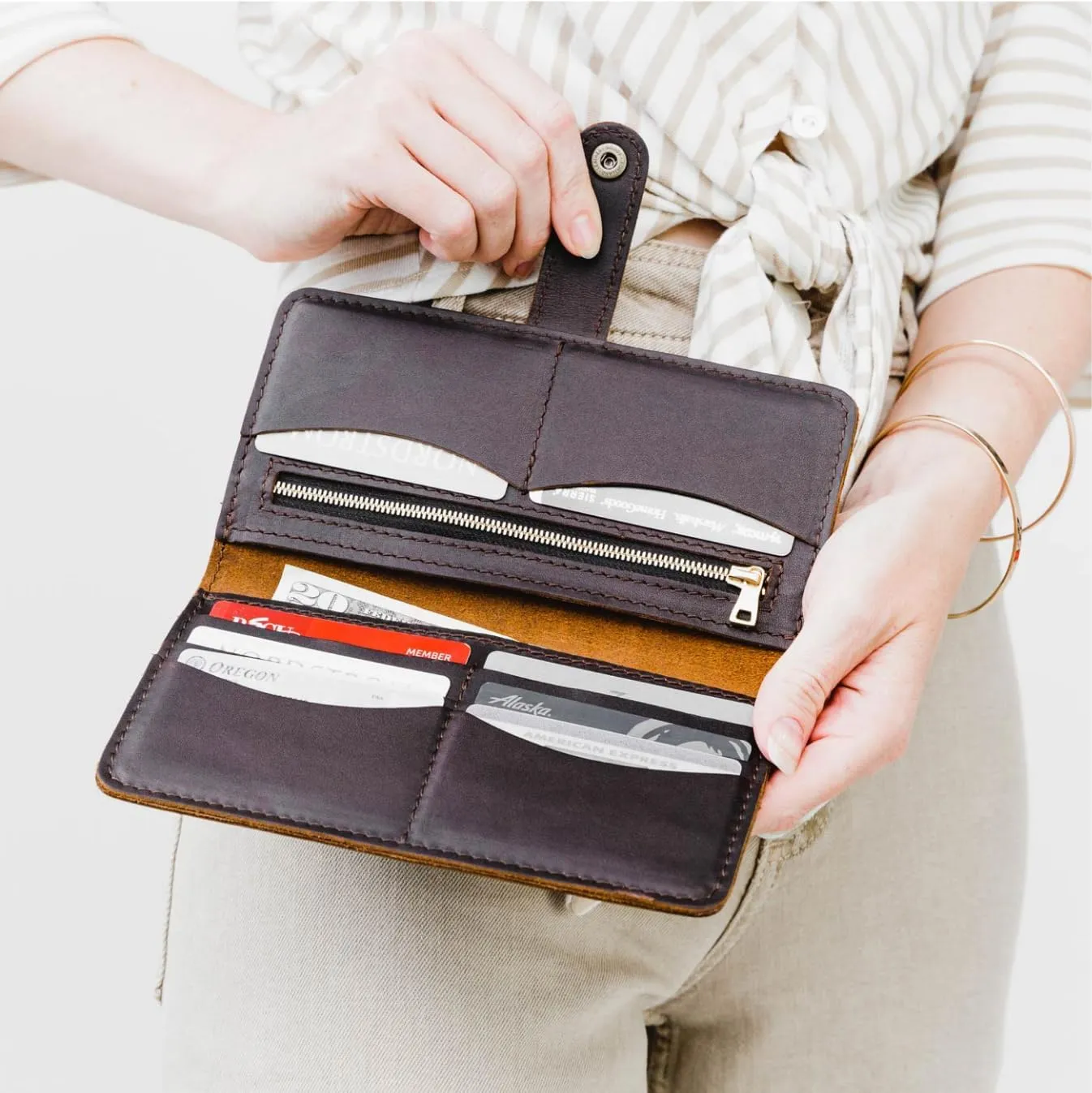 Portland Leather Goods Women's Bifold Wallet – Slim Design with Secure Snap, 8 Card Slots & Interior Zipper Pocket – Grizzly
