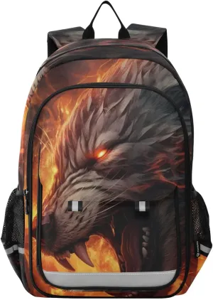 Portrait Black Wolf Anger Backpack Travel Laptop Daypack Shoulder Bag Book Bag Daypack with Reflective Strip 12.9 ×17.7 In