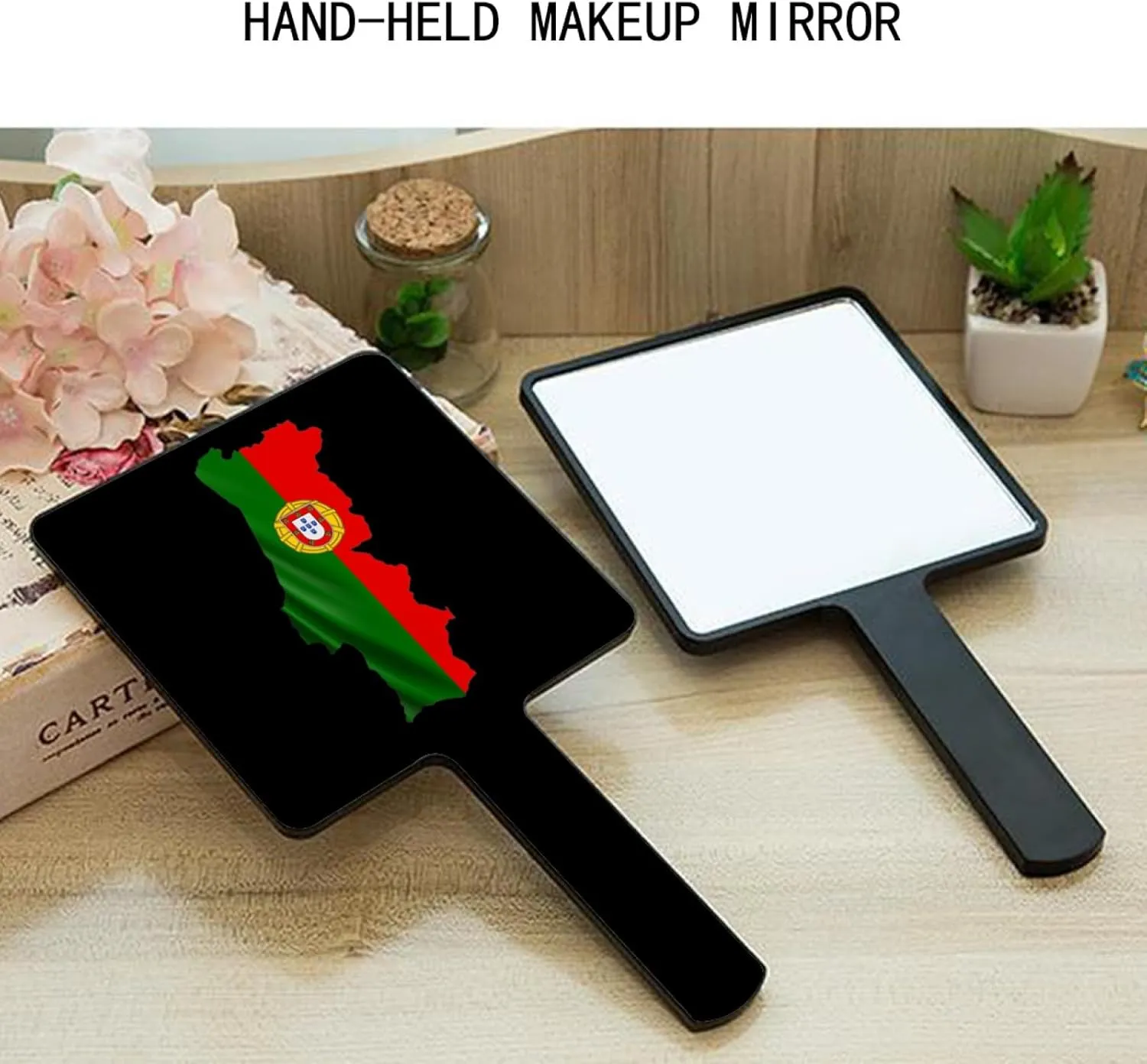Portugal Map National Flag Hand Mirror - Travel Beauty Makeup Mirror Portable Square with Handle for Women Girls Daily Makeup Black 9×16Cm