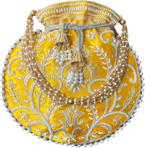 Potli Bag for Women Ethnic Gold, Pearl Handle Floral Accents, Drawstring Closure Pearls Handle Batwa Clutch Purse