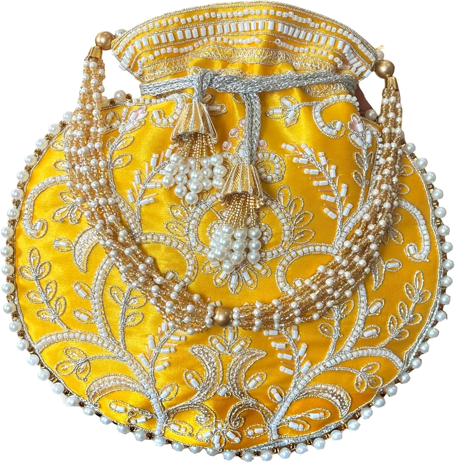 Potli Bag for Women Ethnic Gold, Pearl Handle Floral Accents, Drawstring Closure Pearls Handle Batwa Clutch Purse