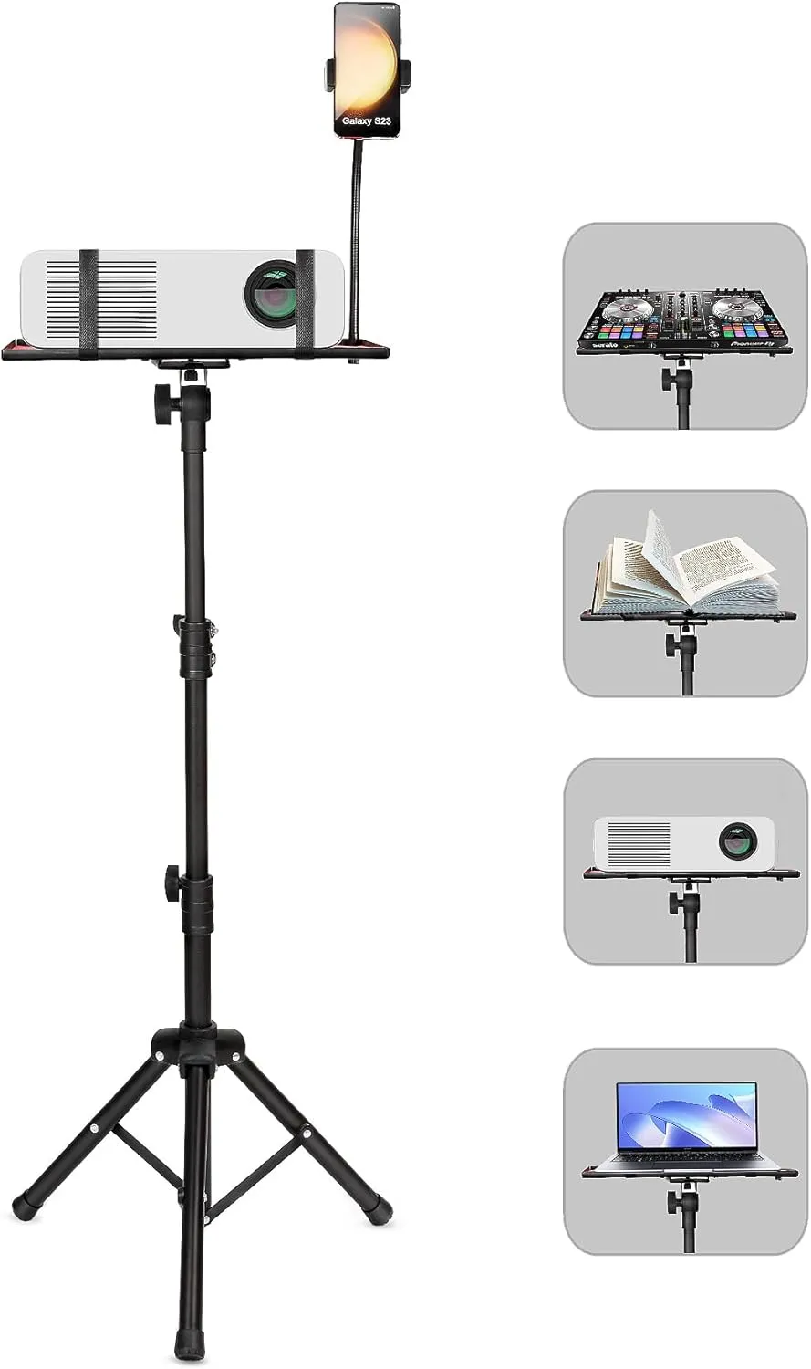 Projector Tripod Stand - Lectern Podium Stand with Elastic Belts & Fixed Sponge pads to Protect Device, Portable Music Stand DJ Racks From 23.6" to 45.3" Perfect for Movies Office Home