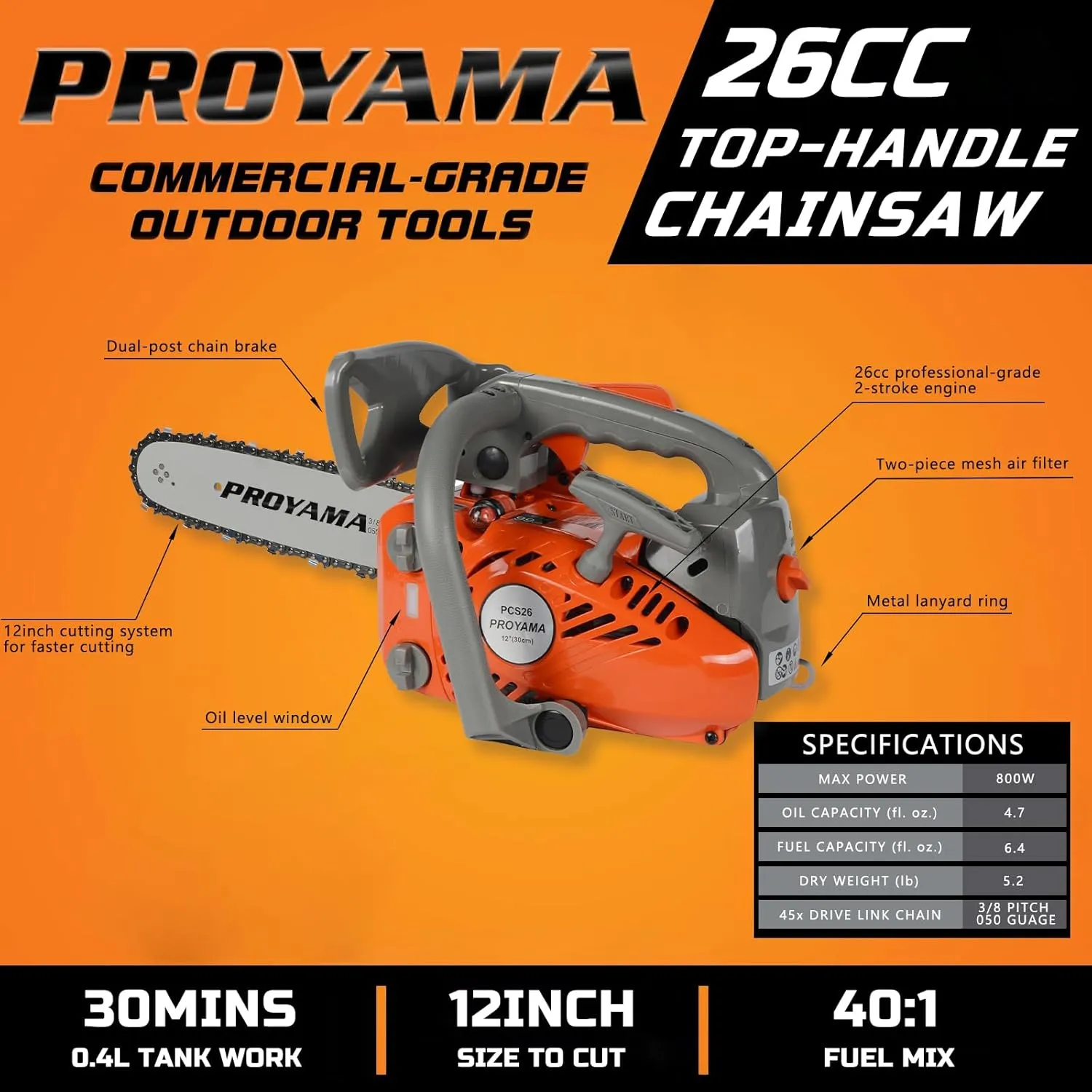 PROYAMA 26CC 2-Cycle Top Handle Gas Powered Chainsaw 12 Inch Petrol Handheld Cordless Chain Saw for Tree Wood Cutting with 2 chains(12inch)