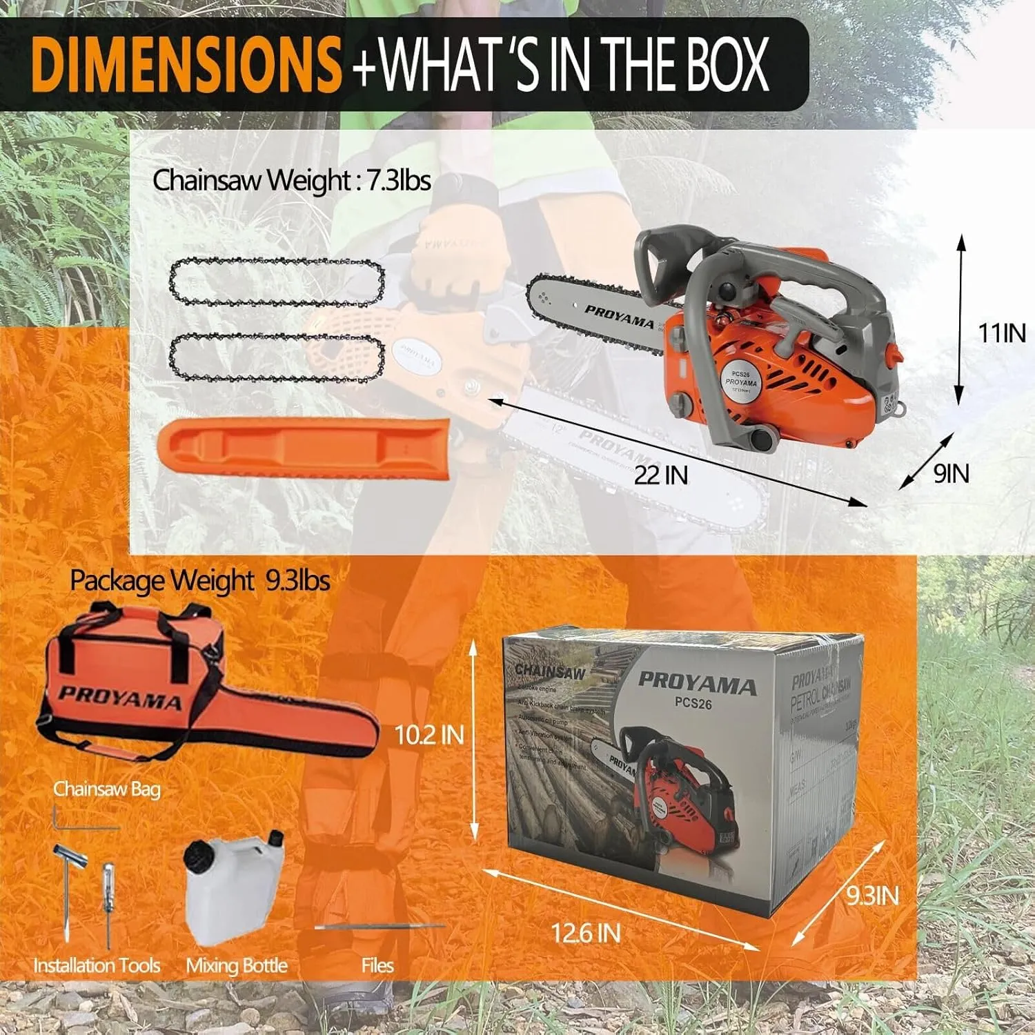 PROYAMA 26CC 2-Cycle Top Handle Gas Powered Chainsaw 12 Inch Petrol Handheld Cordless Chain Saw for Tree Wood Cutting with 2 chains(12inch)