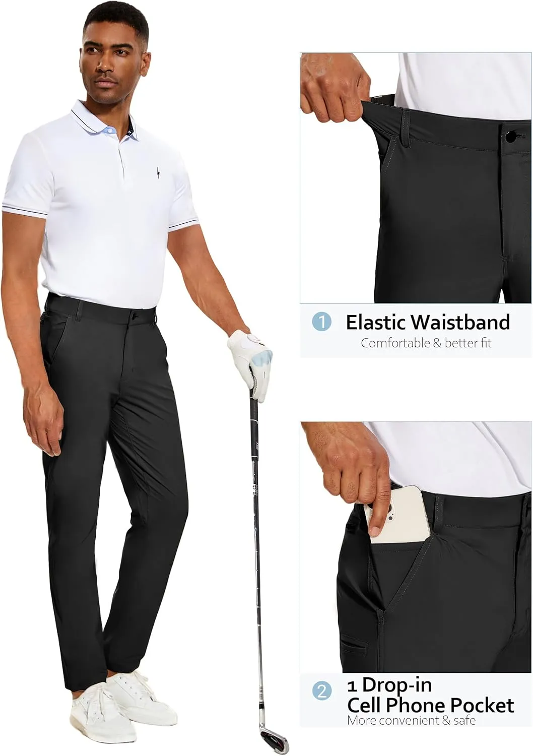 PULI Golf Pants Men Stretch Slim Fit Lightweight Waterproof Dress Casual Hiking Work Pants with Pockets