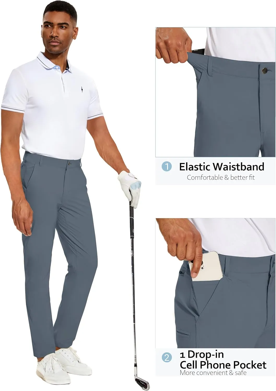 PULI Golf Pants Men Stretch Slim Fit Lightweight Waterproof Dress Casual Hiking Work Pants with Pockets