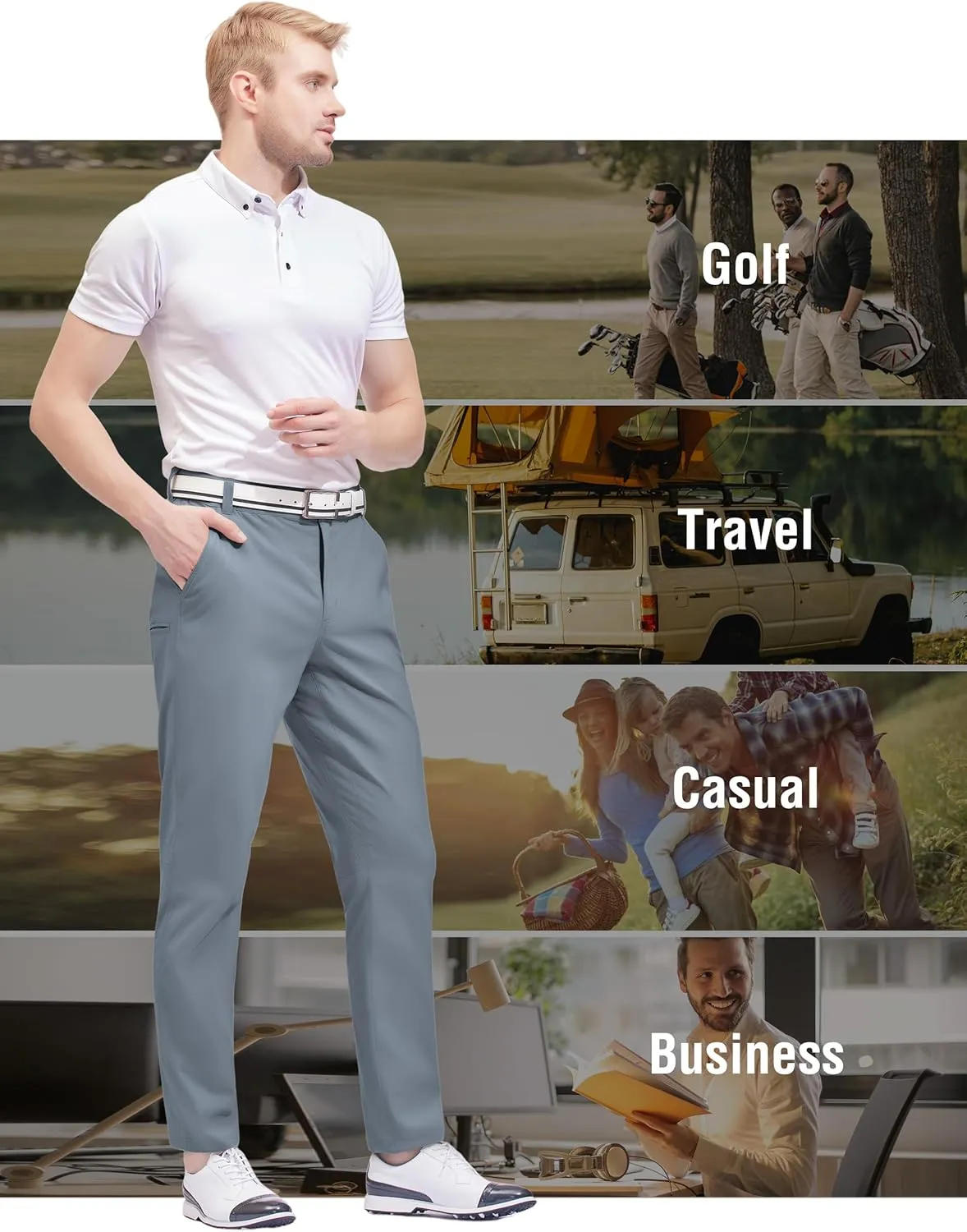 PULI Golf Pants Men Stretch Slim Fit Lightweight Waterproof Dress Casual Hiking Work Pants with Pockets