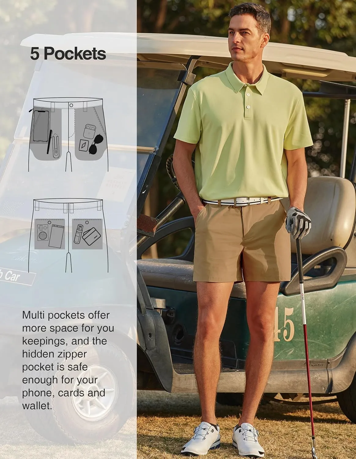PULI Golf Shorts Men Relaxed Fit Stretch Dress Lightweight Casual Waterproof Travel Quick Dry Summer Shorts 5 Inch Inseam