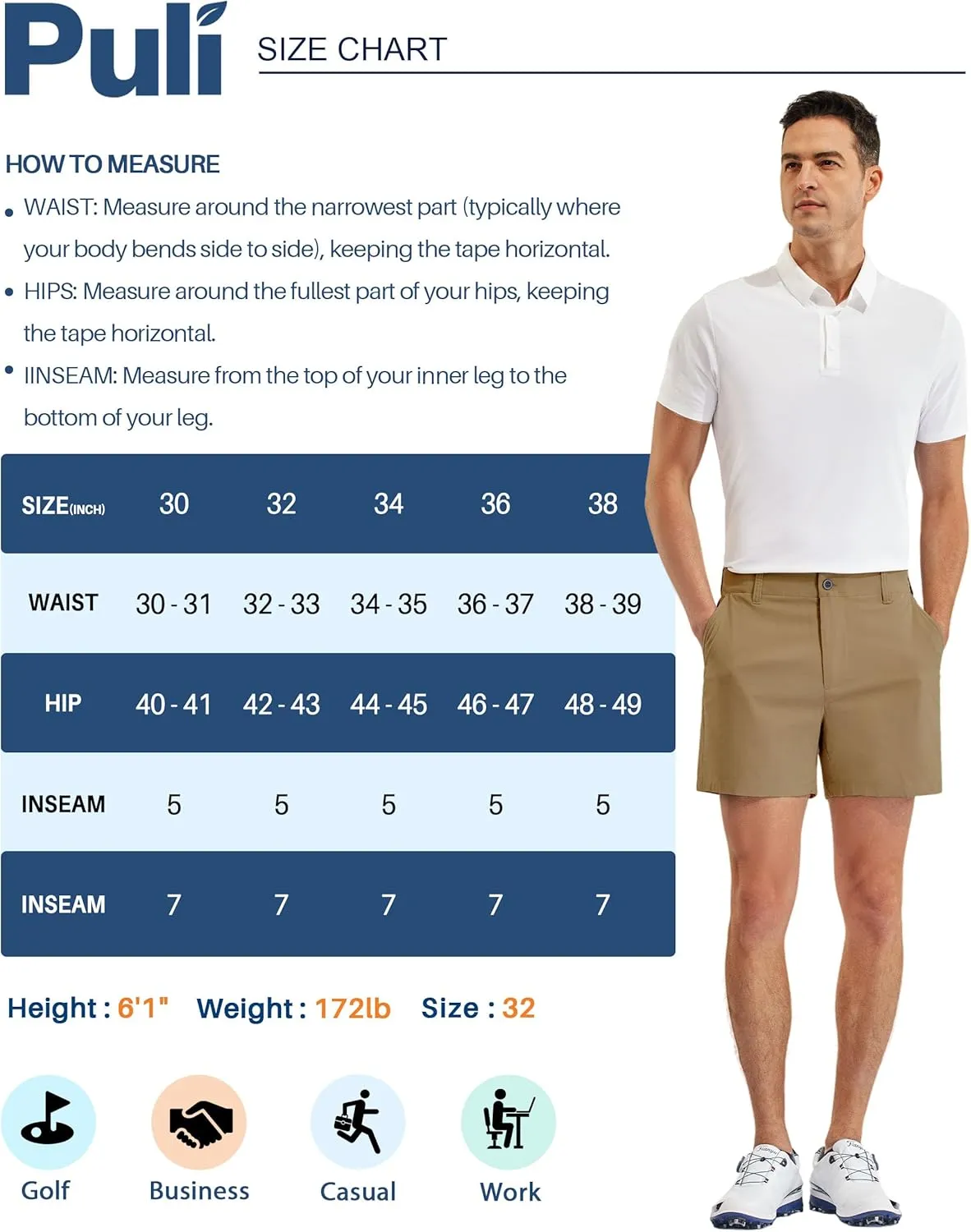 PULI Golf Shorts Men Relaxed Fit Stretch Dress Lightweight Casual Waterproof Travel Quick Dry Summer Shorts 5 Inch Inseam