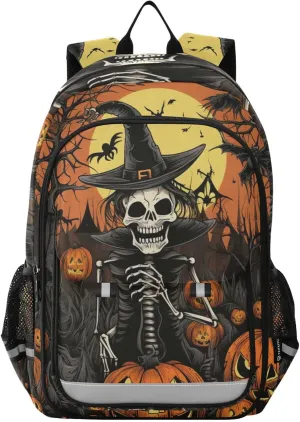 Pumpkins Surrounding Skeleton Backpack Travel Laptop Daypack Shoulder Bag Book Bag Daypack with Reflective Strip 12.9 ×17.7 In