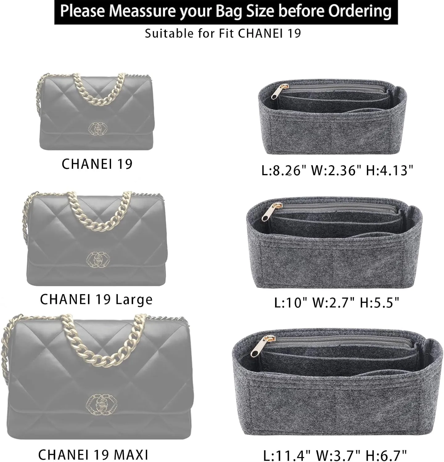 Purse Organizer Insert for CHANEL19 Flap Bag Organizer Insert Handbag (Grey, Small)