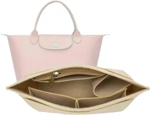 Purse Organizer, Multi-Pocket Felt Handbag Organizer, Folding Tote Bag organizer insert for Insert Wallet Organizer Suitable for Longchamp (Beige, Small)