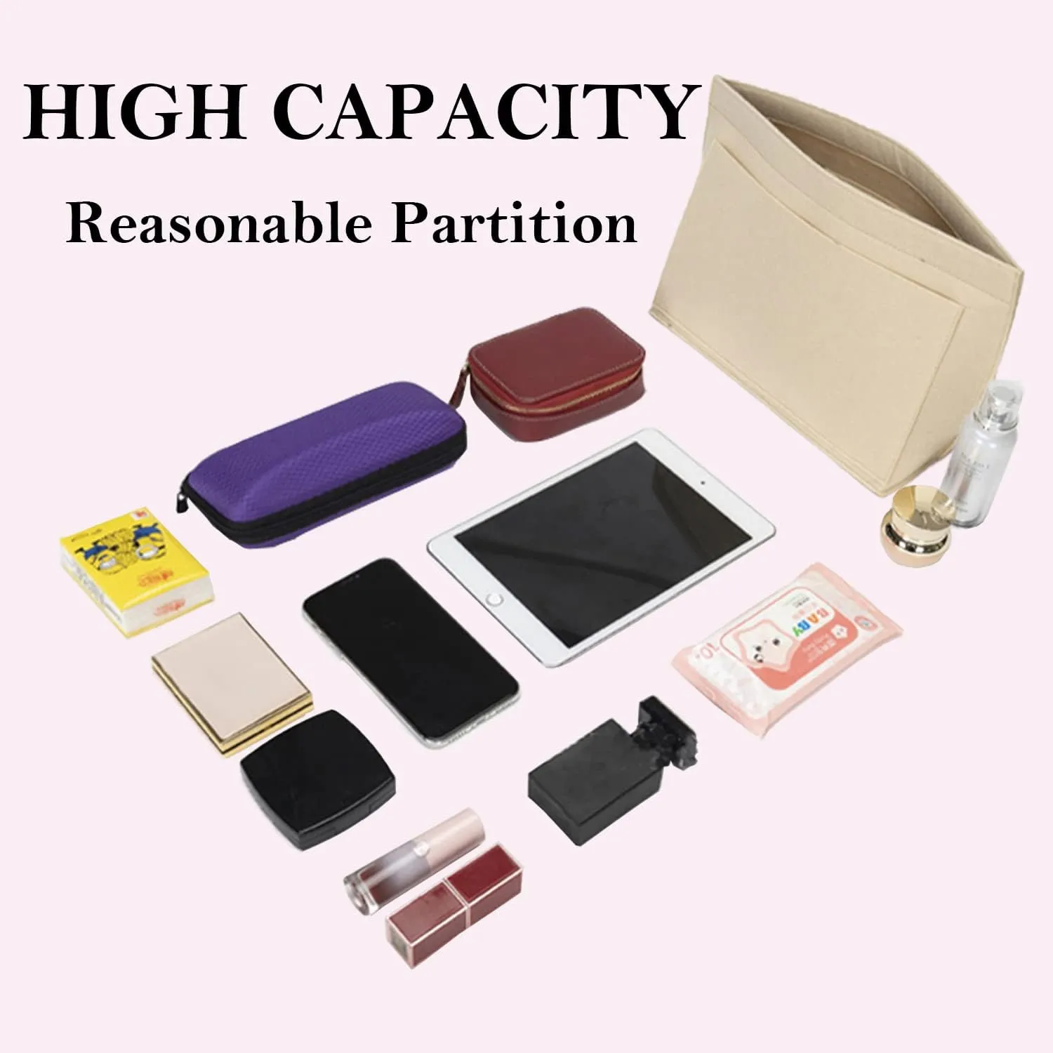 Purse Organizer, Multi-Pocket Felt Handbag Organizer, Folding Tote Bag organizer insert for Insert Wallet Organizer Suitable for Longchamp (Dark Gray, Large)