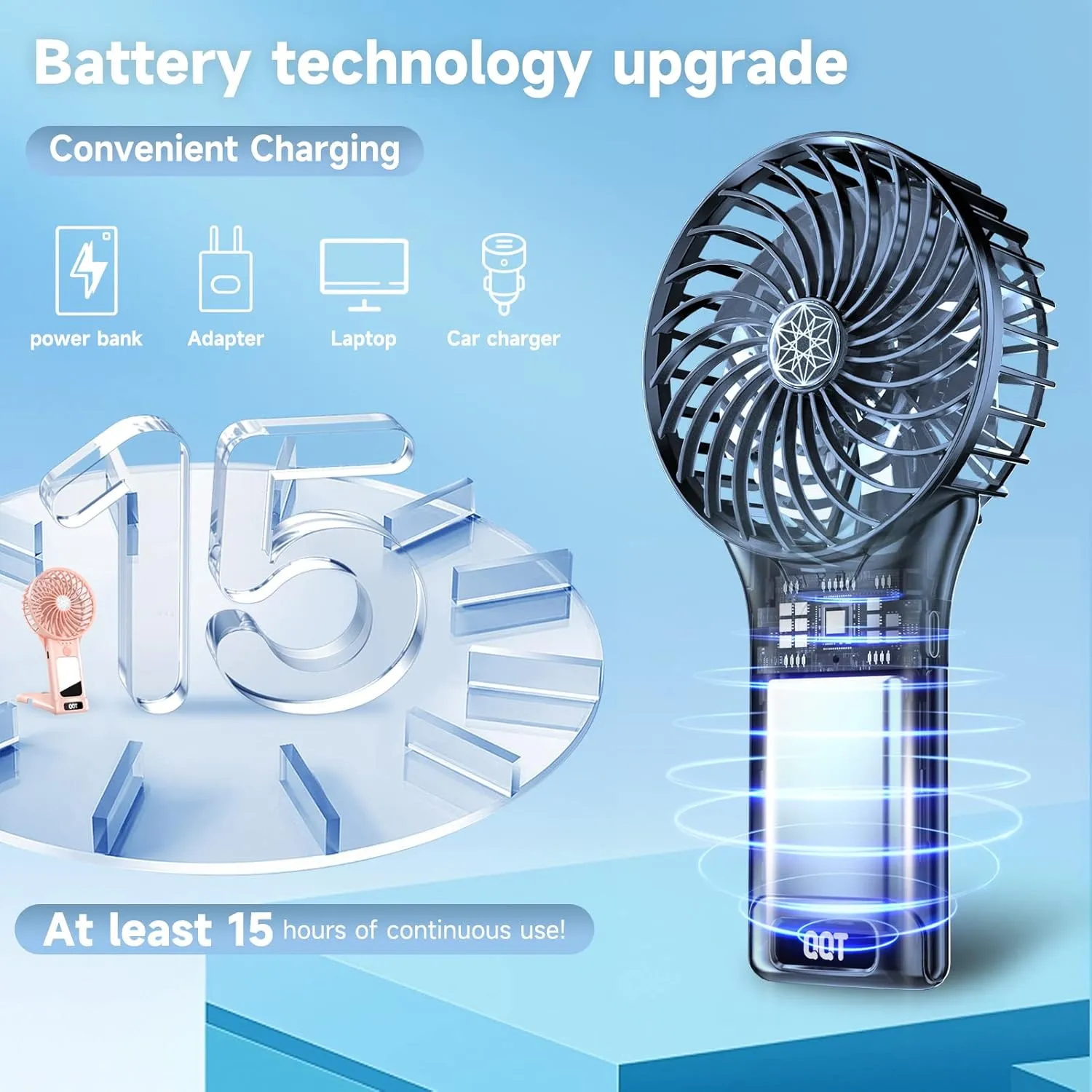 QQT Mini Handheld Fan,4 Speed Adjustable Portable Battery Operated Fans,USB Rechargeable Desk Fan with Mirror,Max 20 Hrs Hand Fan For Travel Office Outdoor Women Men（Pink&DarkBlue）