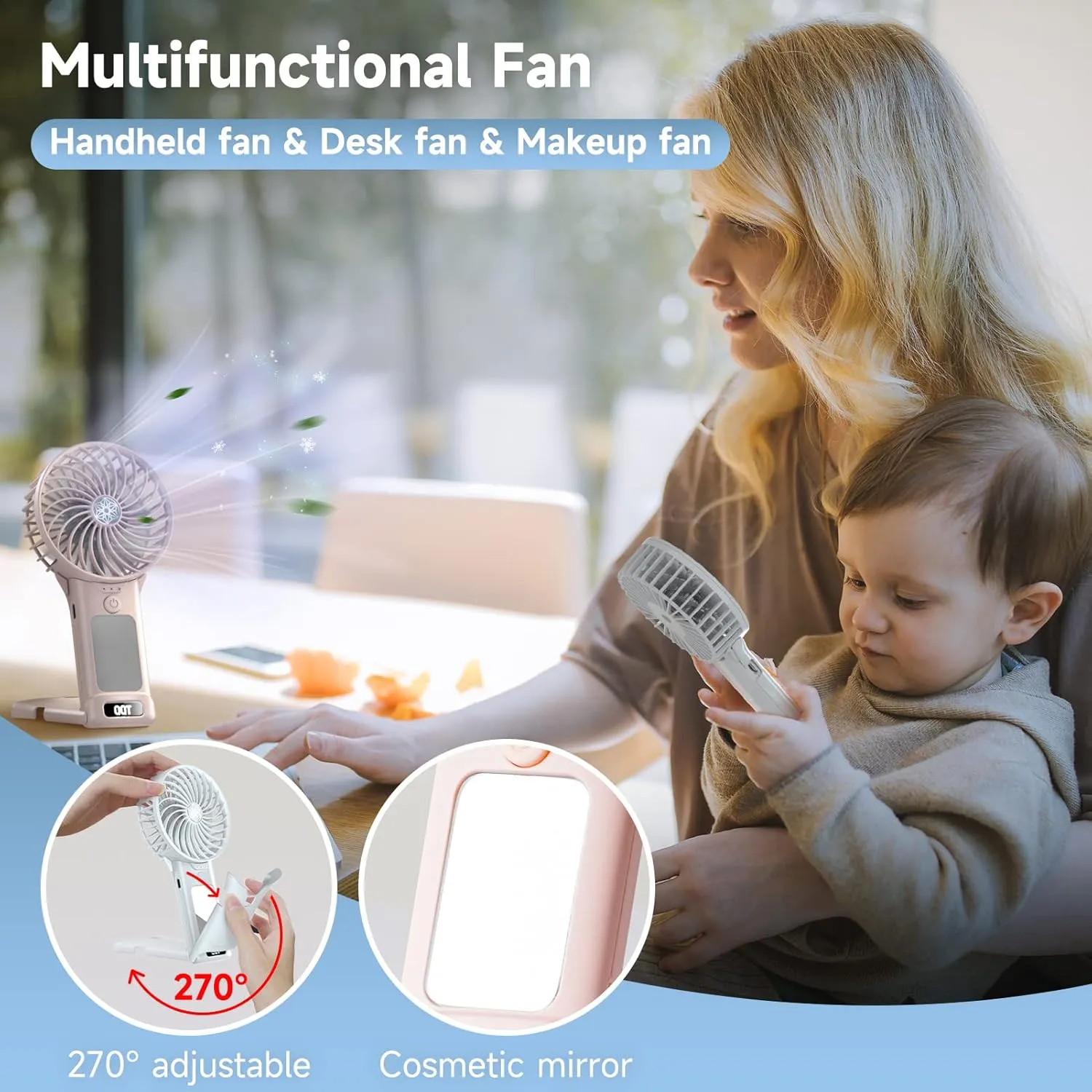 QQT Mini Handheld Fan,4 Speed Adjustable Portable Battery Operated Fans,USB Rechargeable Desk Fan with Mirror,Max 20 Hrs Hand Fan For Travel Office Outdoor Women Men（Pink&DarkBlue）