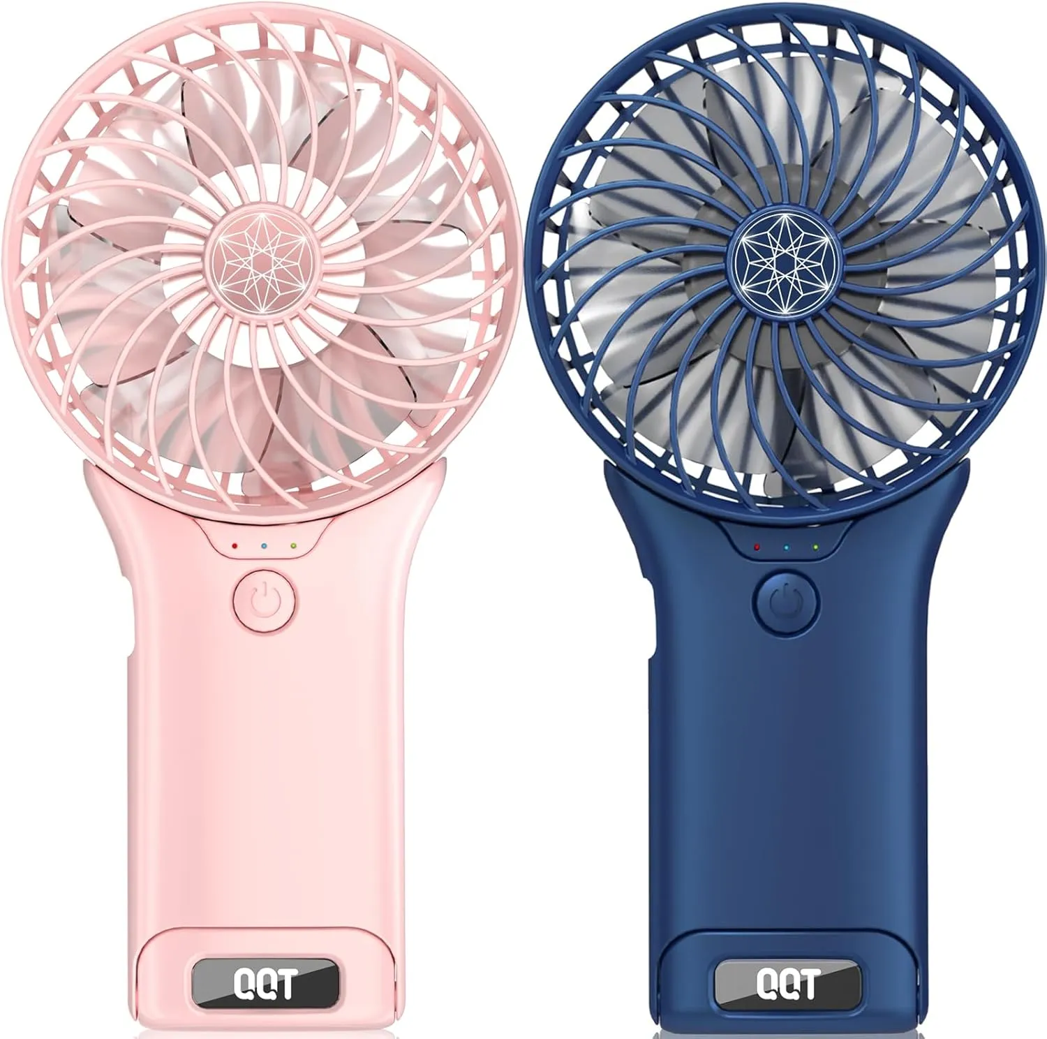 QQT Mini Handheld Fan,4 Speed Adjustable Portable Battery Operated Fans,USB Rechargeable Desk Fan with Mirror,Max 20 Hrs Hand Fan For Travel Office Outdoor Women Men（Pink&DarkBlue）