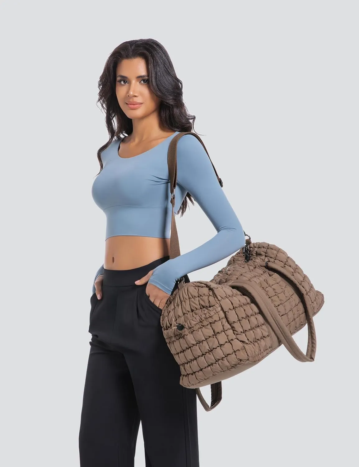Quilted Travel Duffle Bag for Women Weekender Bag Large Puffer Overnight Bags Soft Puffy Duffel Bag Carry on Gym Bag Lightweight Personal Item Travel Bag for Trips Business Sport Airplane (Khaki)