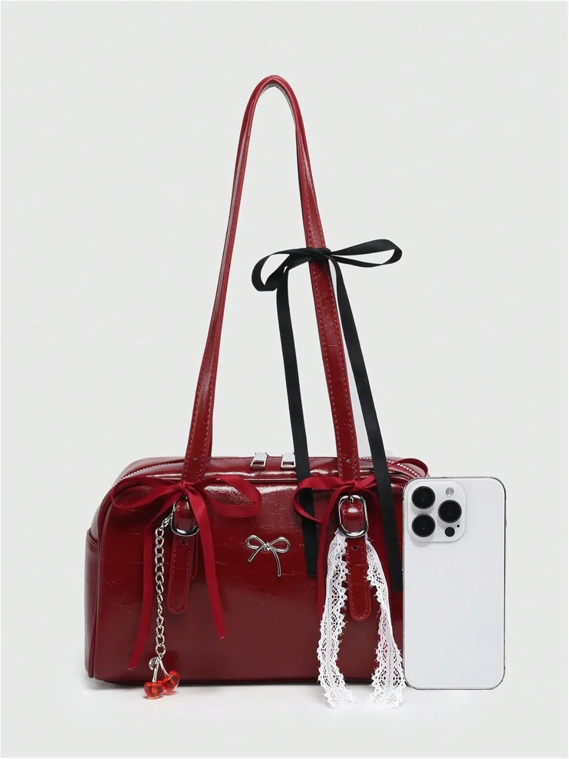 QWINEE Women's Y2K Bow Knot Shoulder Bag Zipper Double Handle Handbag PU Leather Underarm Purses