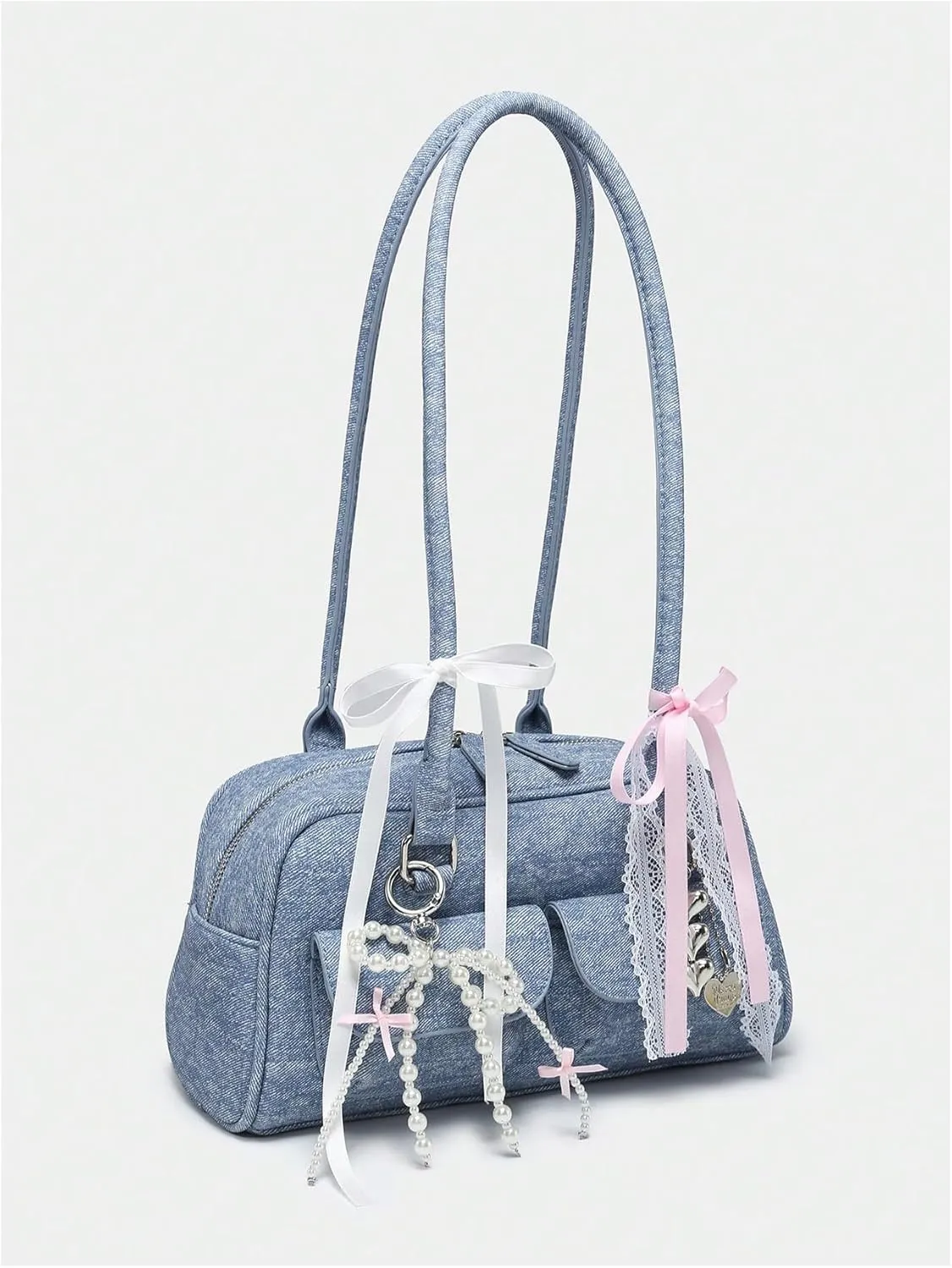 QWINEE Women's Y2K Bow Knot Shoulder Bag Zipper Double Handle Handbag PU Leather Underarm Purses