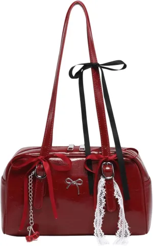 QWINEE Women's Y2K Bow Knot Shoulder Bag Zipper Double Handle Handbag PU Leather Underarm Purses
