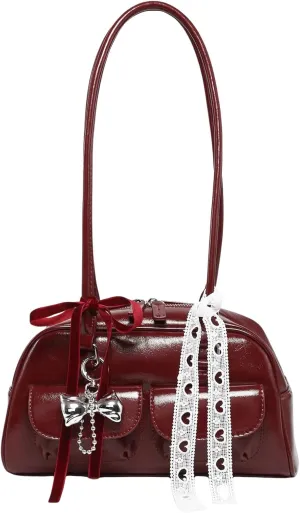 QWINEE Women's Y2K Leopard Print Bow Lace Shoulder Bag Zipper Double Handle Underarm Purse Retro Trendy Purses
