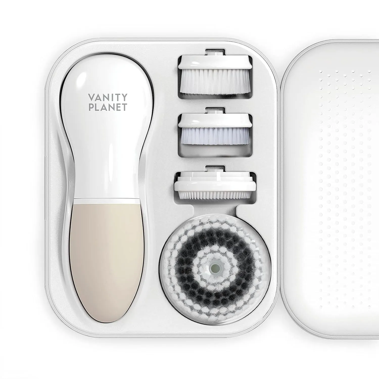 Raedia Handheld Facial Cleansing Brush with 4 Interchangeable Brush Heads by Vanity Planet - Lightweight Daily Cleansing Brush for Glowing Skin - Water Resistant Face Exfoliator - Warm Grey