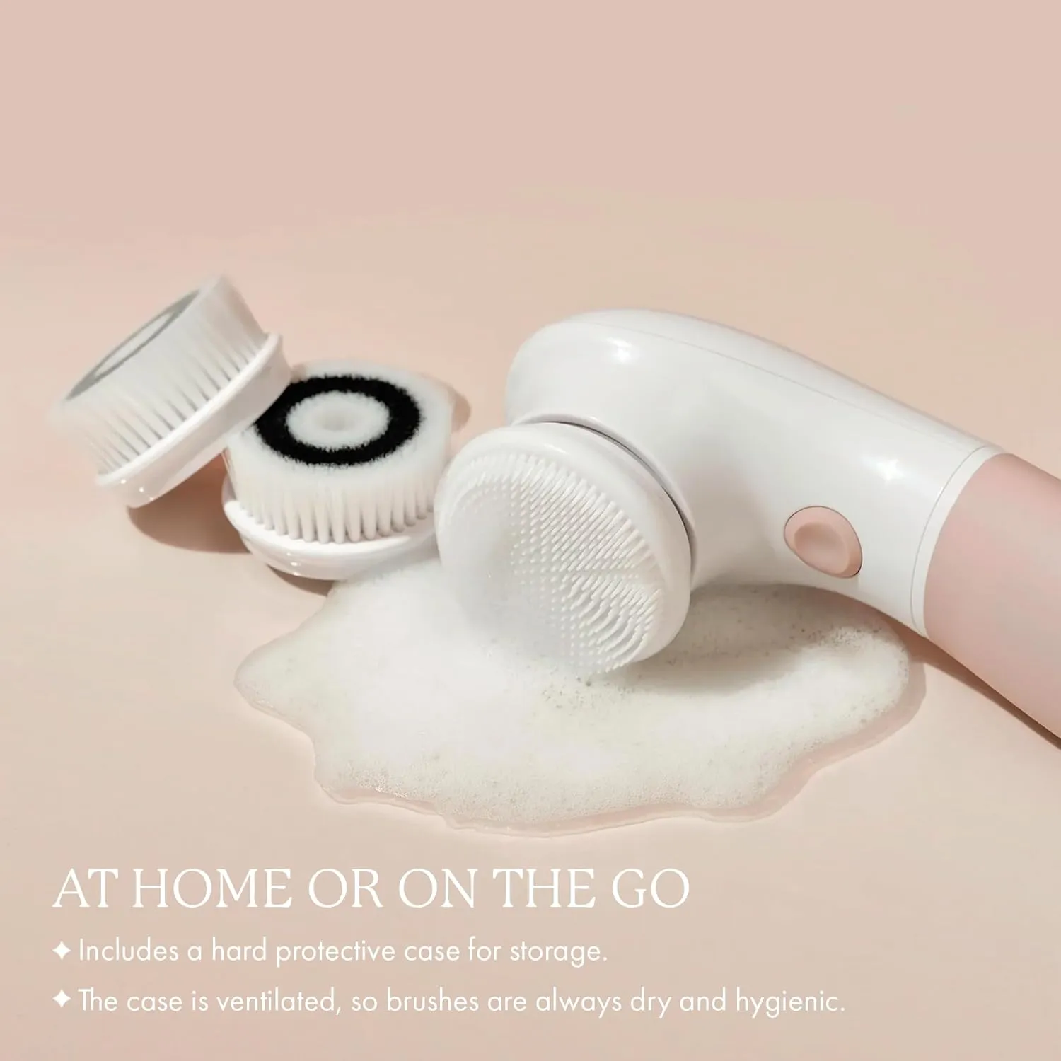 Raedia Handheld Facial Cleansing Brush with 4 Interchangeable Brush Heads by Vanity Planet - Lightweight Daily Cleansing Brush for Glowing Skin - Water Resistant Face Exfoliator - Warm Grey