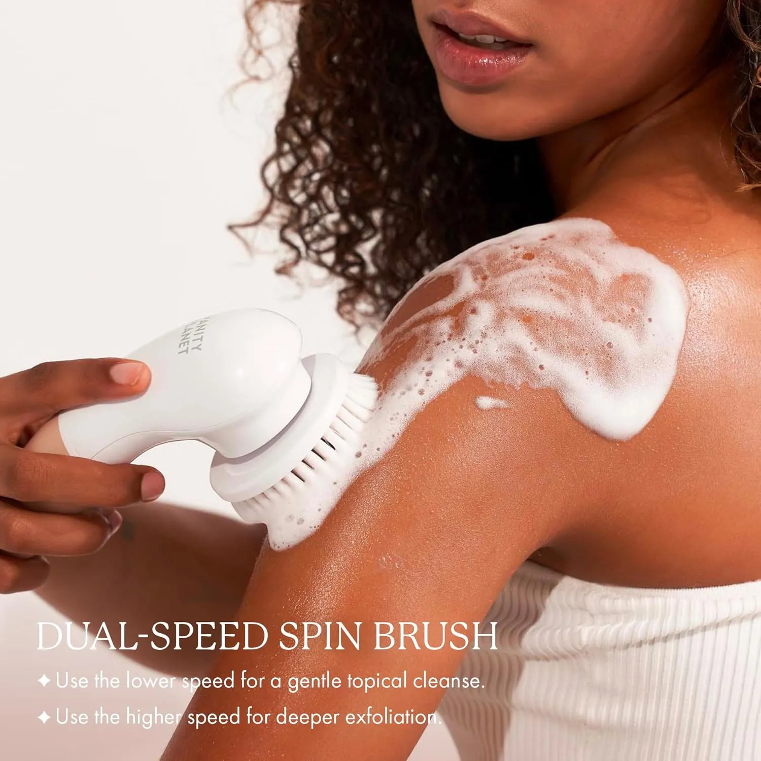 Raedia Handheld Facial Cleansing Brush with 4 Interchangeable Brush Heads by Vanity Planet - Lightweight Daily Cleansing Brush for Glowing Skin - Water Resistant Face Exfoliator - Warm Grey