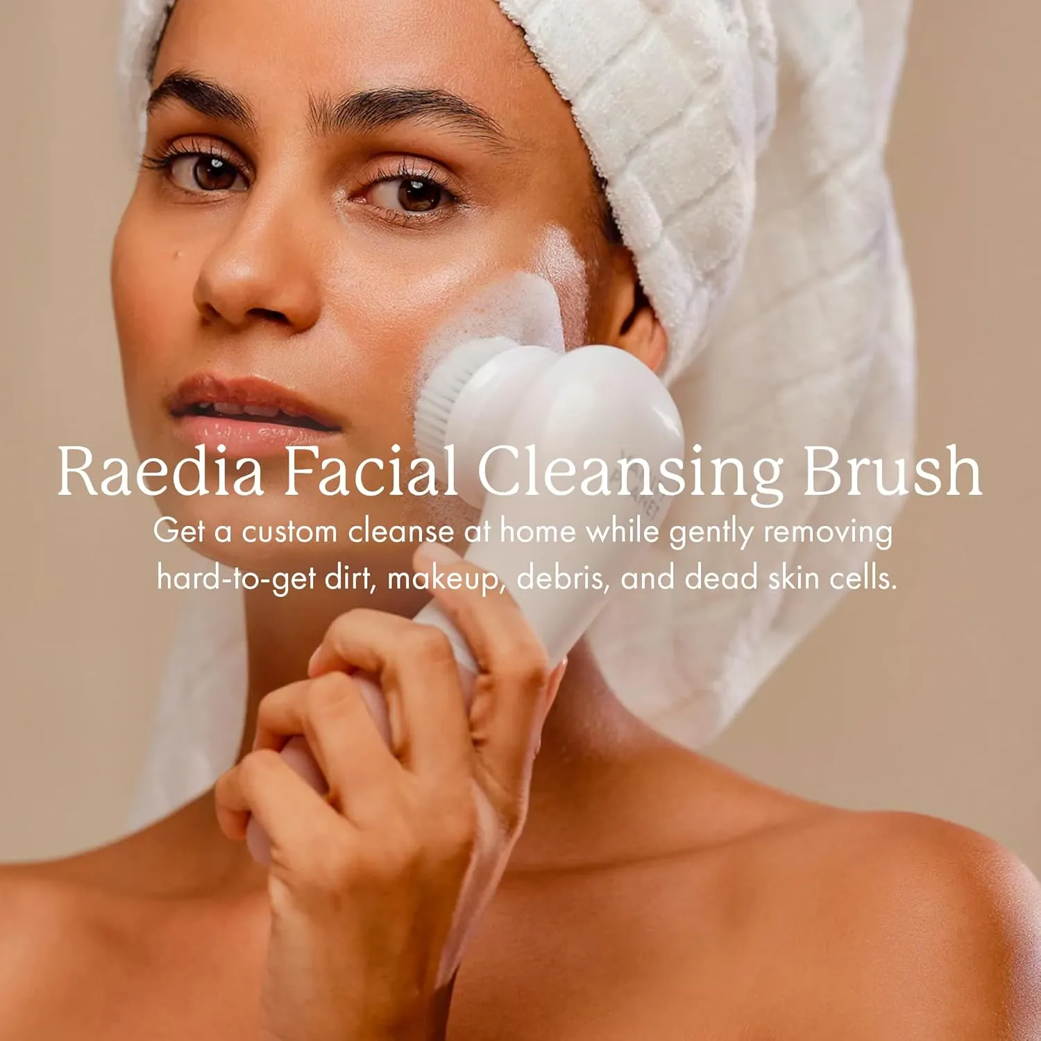 Raedia Handheld Facial Cleansing Brush with 4 Interchangeable Brush Heads by Vanity Planet - Lightweight Daily Cleansing Brush for Glowing Skin - Water Resistant Face Exfoliator - Warm Grey