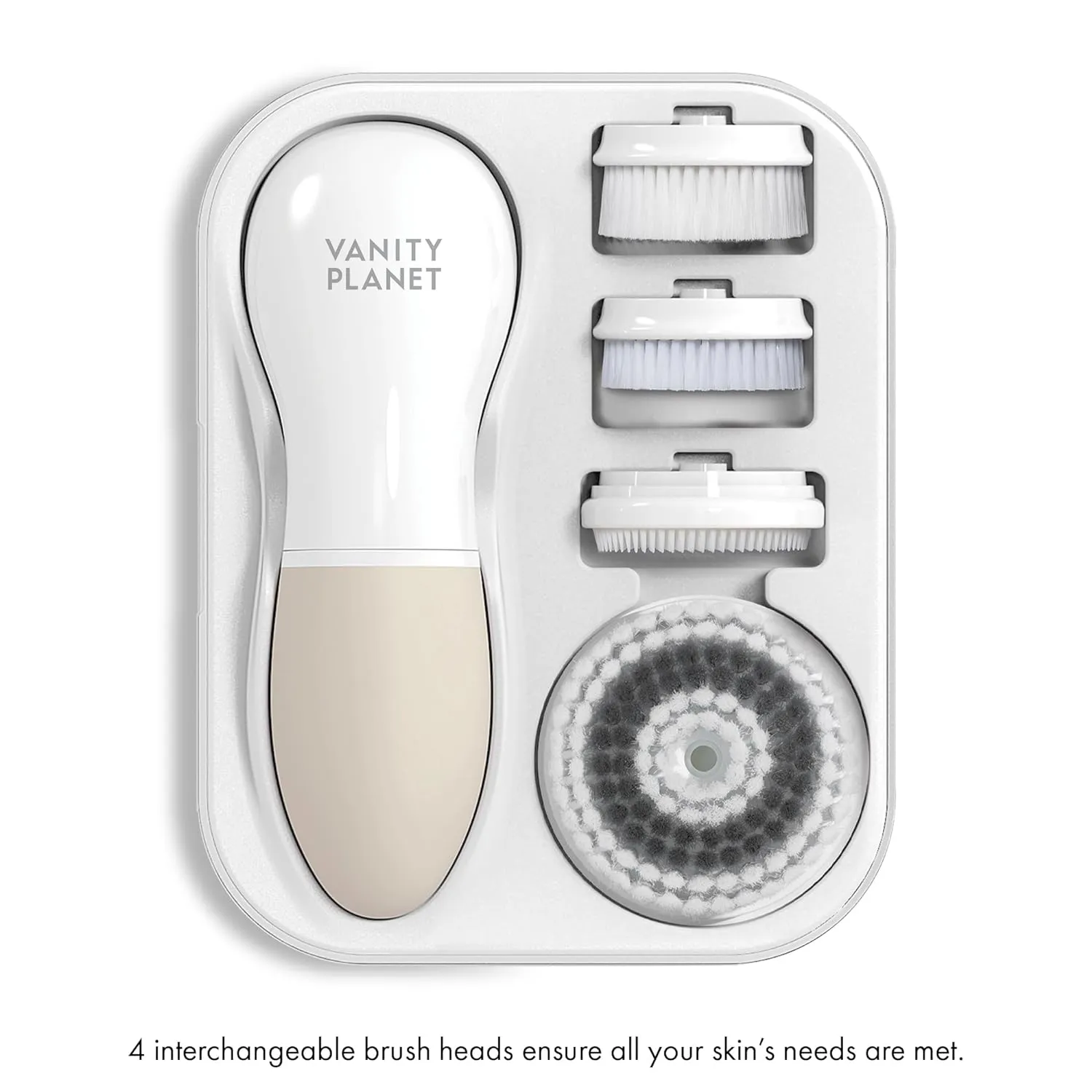 Raedia Handheld Facial Cleansing Brush with 4 Interchangeable Brush Heads by Vanity Planet - Lightweight Daily Cleansing Brush for Glowing Skin - Water Resistant Face Exfoliator - Warm Grey