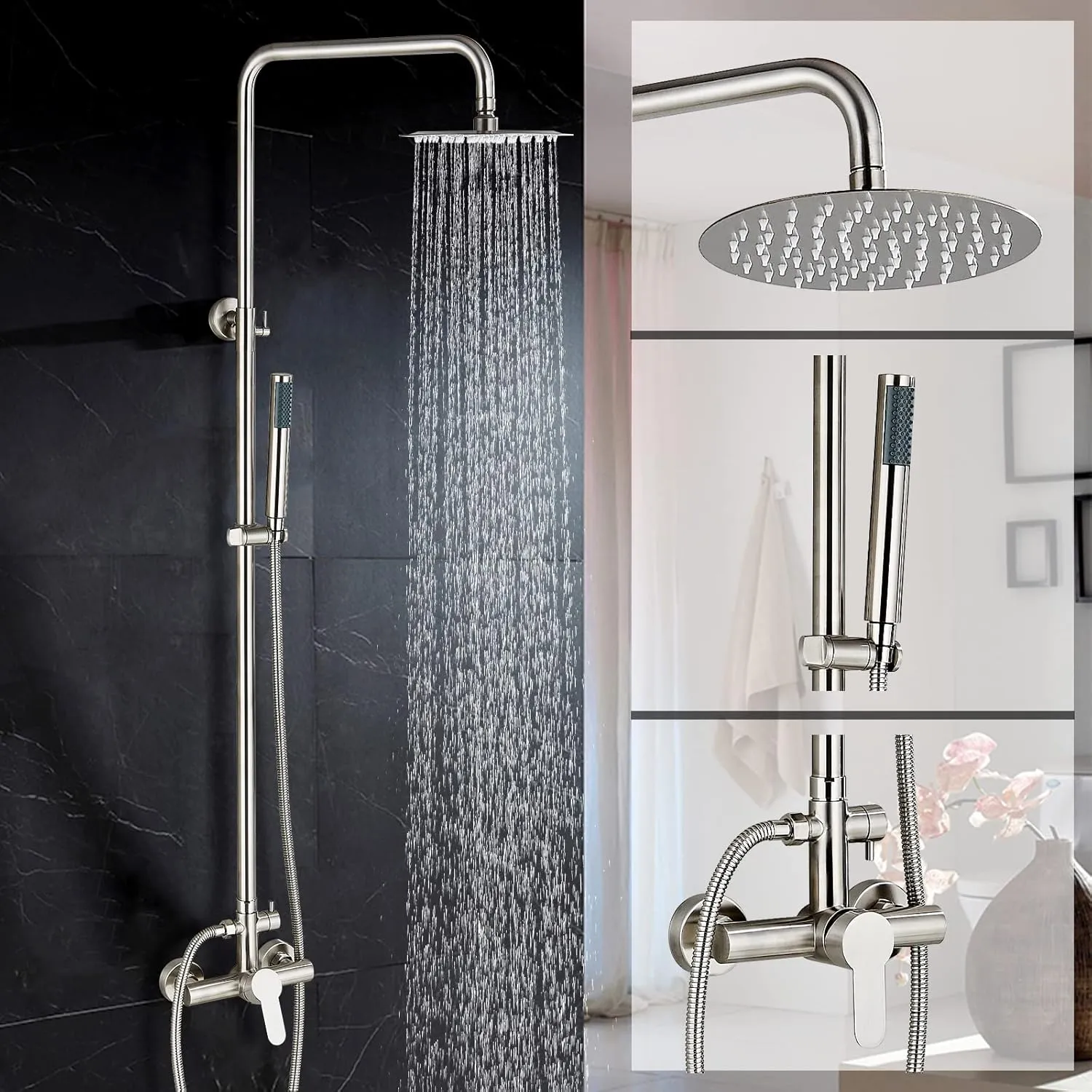 Rain Shower System Outdoor Shower Fixtures with 8" Rain Shower Head Handheld Sprayer Single Handle Wall Mounted Bathroom Shower Faucet Set Brushed Nickel for Bathroom or Backyard