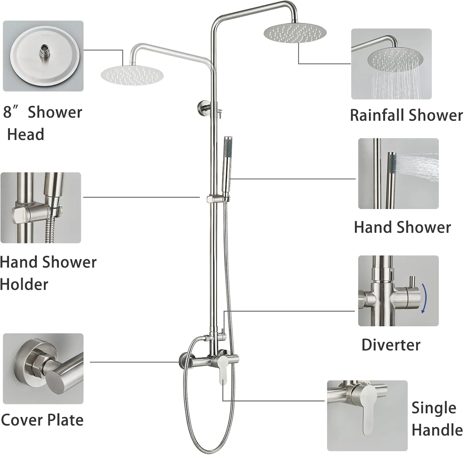 Rain Shower System Outdoor Shower Fixtures with 8" Rain Shower Head Handheld Sprayer Single Handle Wall Mounted Bathroom Shower Faucet Set Brushed Nickel for Bathroom or Backyard