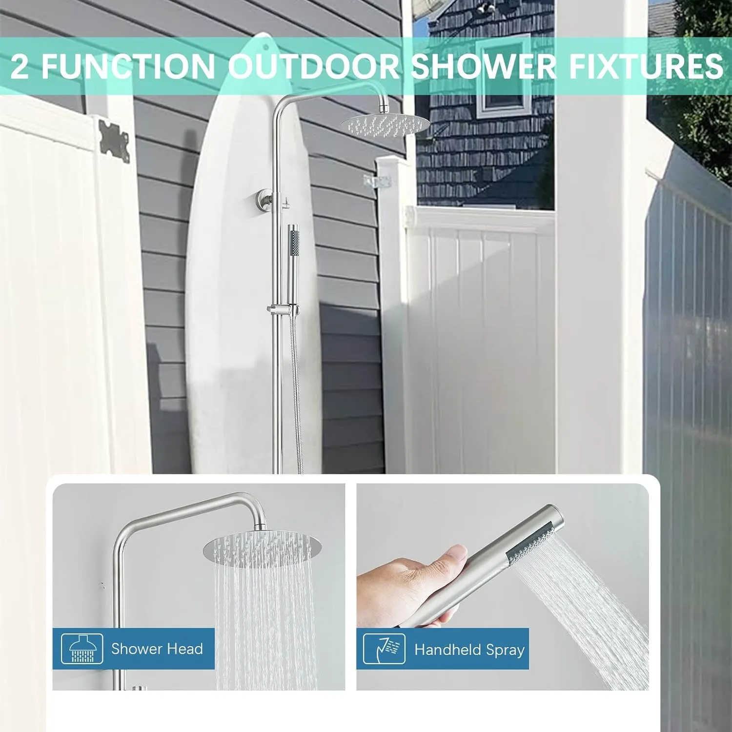 Rain Shower System Outdoor Shower Fixtures with 8" Rain Shower Head Handheld Sprayer Single Handle Wall Mounted Bathroom Shower Faucet Set Brushed Nickel for Bathroom or Backyard