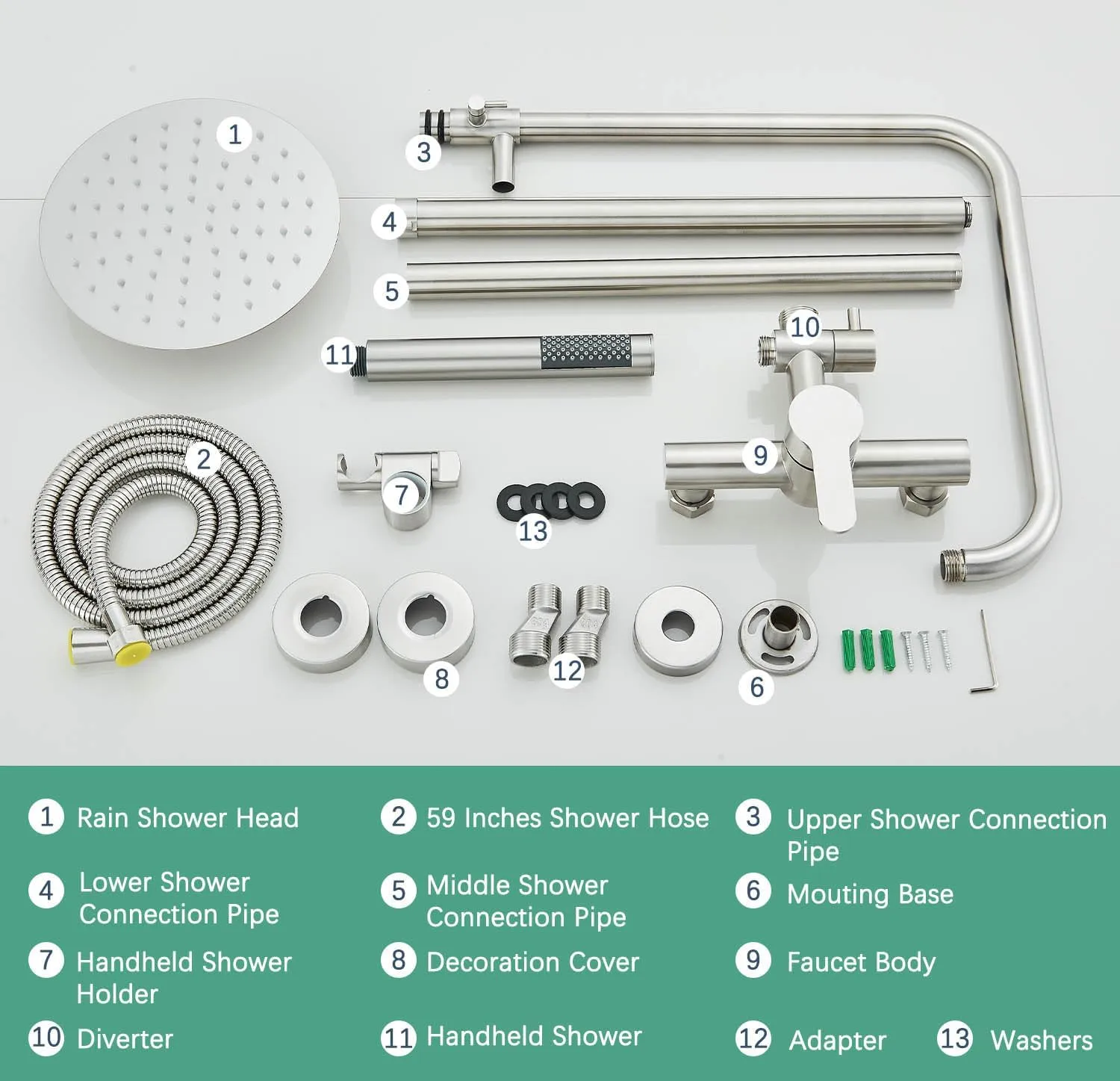 Rain Shower System Outdoor Shower Fixtures with 8" Rain Shower Head Handheld Sprayer Single Handle Wall Mounted Bathroom Shower Faucet Set Brushed Nickel for Bathroom or Backyard