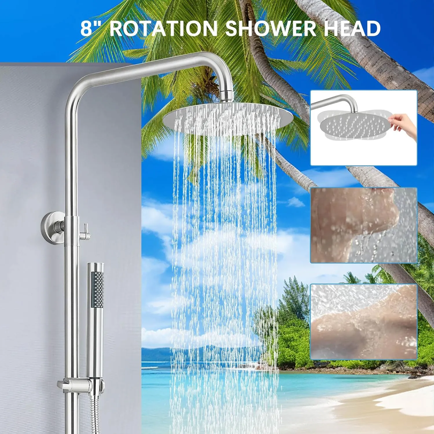 Rain Shower System Outdoor Shower Fixtures with 8" Rain Shower Head Handheld Sprayer Single Handle Wall Mounted Bathroom Shower Faucet Set Brushed Nickel for Bathroom or Backyard