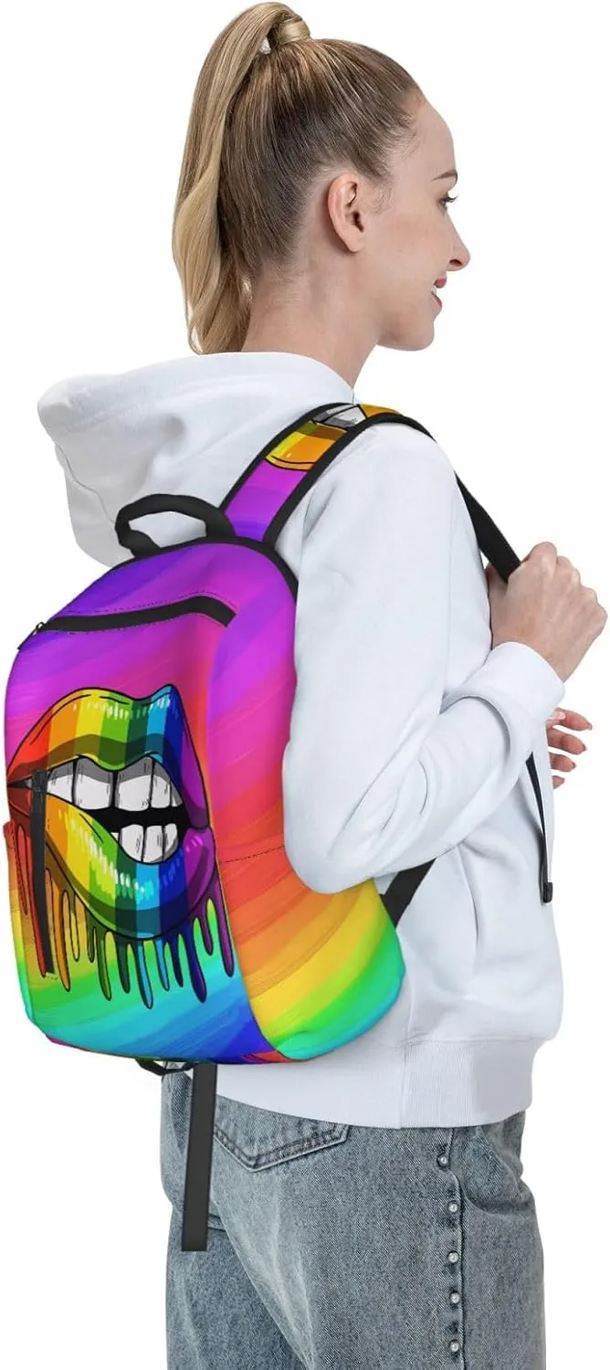Rainbow Lip Drip Lesbian Gay Pride Bisexual Travel Laptop Backpack Casual Backpacks Double Shoulder Daypack Notebook Rucksack Work Bags Sports Bag for Gym Hiking Camping Beach