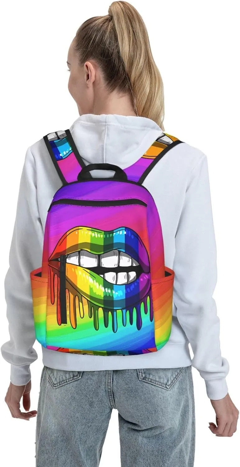 Rainbow Lip Drip Lesbian Gay Pride Bisexual Travel Laptop Backpack Casual Backpacks Double Shoulder Daypack Notebook Rucksack Work Bags Sports Bag for Gym Hiking Camping Beach
