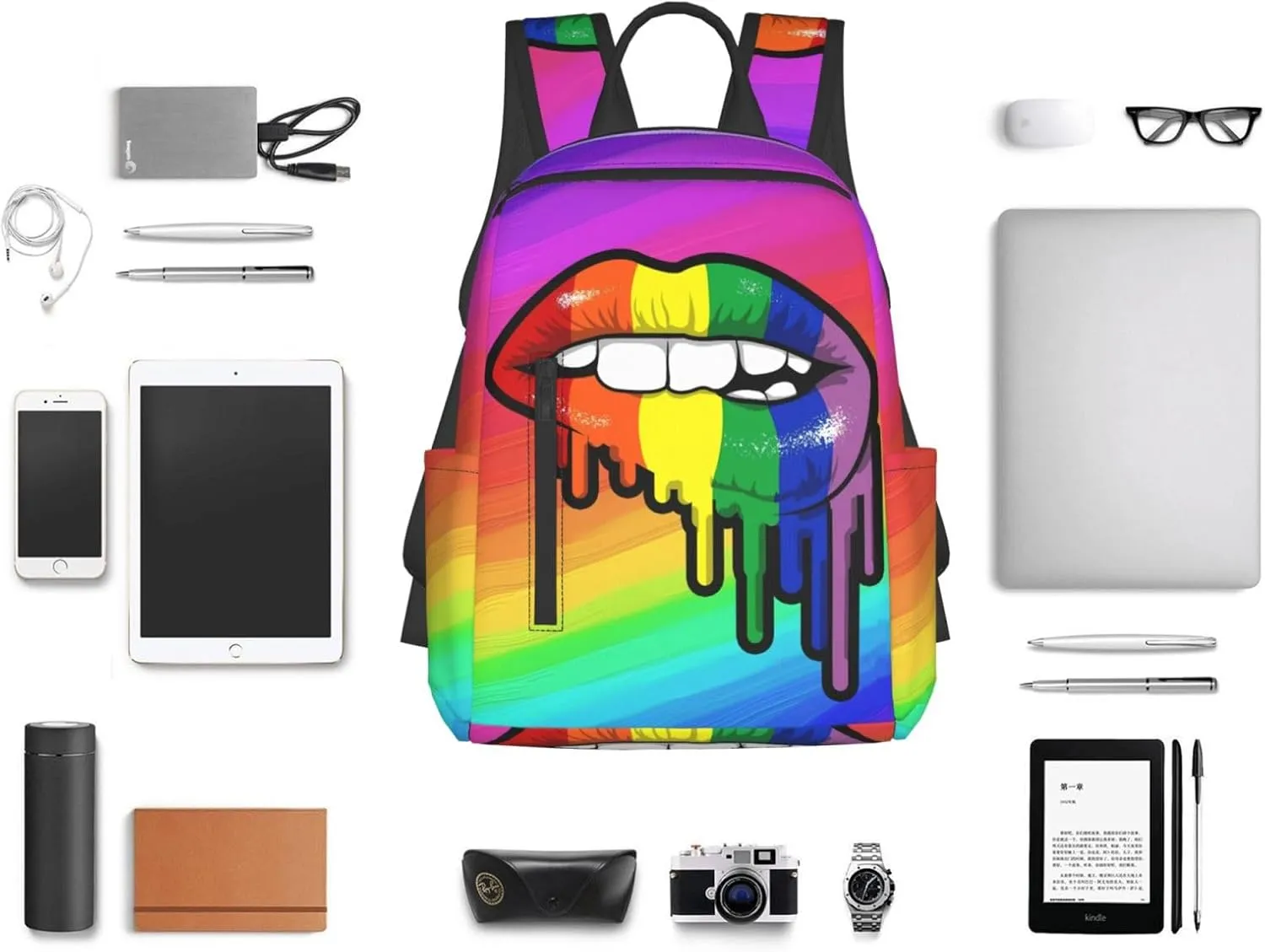 Rainbow Lip Drip Lesbian Gay Pride Bisexual Travel Laptop Backpack Casual Backpacks Double Shoulder Daypack Notebook Rucksack Work Bags Sports Bag for Gym Hiking Camping Beach