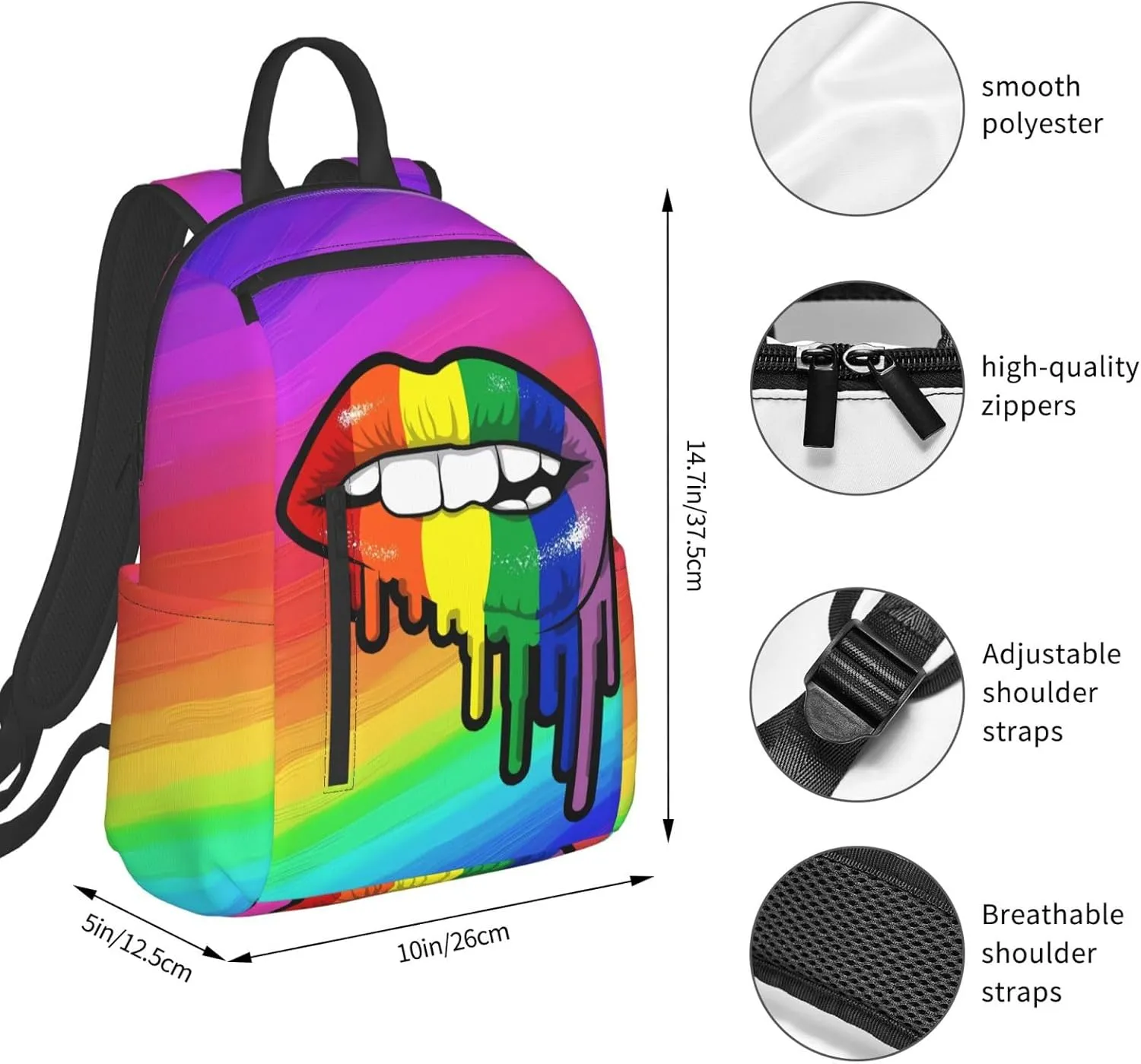 Rainbow Lip Drip Lesbian Gay Pride Bisexual Travel Laptop Backpack Casual Backpacks Double Shoulder Daypack Notebook Rucksack Work Bags Sports Bag for Gym Hiking Camping Beach