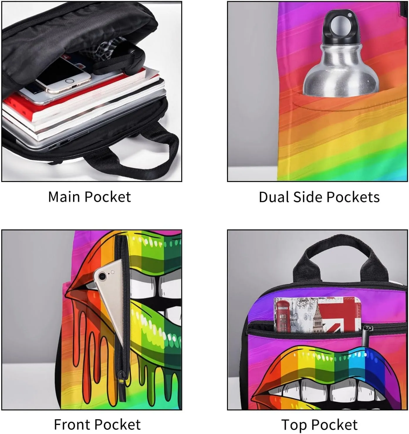 Rainbow Lip Drip Lesbian Gay Pride Bisexual Travel Laptop Backpack Casual Backpacks Double Shoulder Daypack Notebook Rucksack Work Bags Sports Bag for Gym Hiking Camping Beach