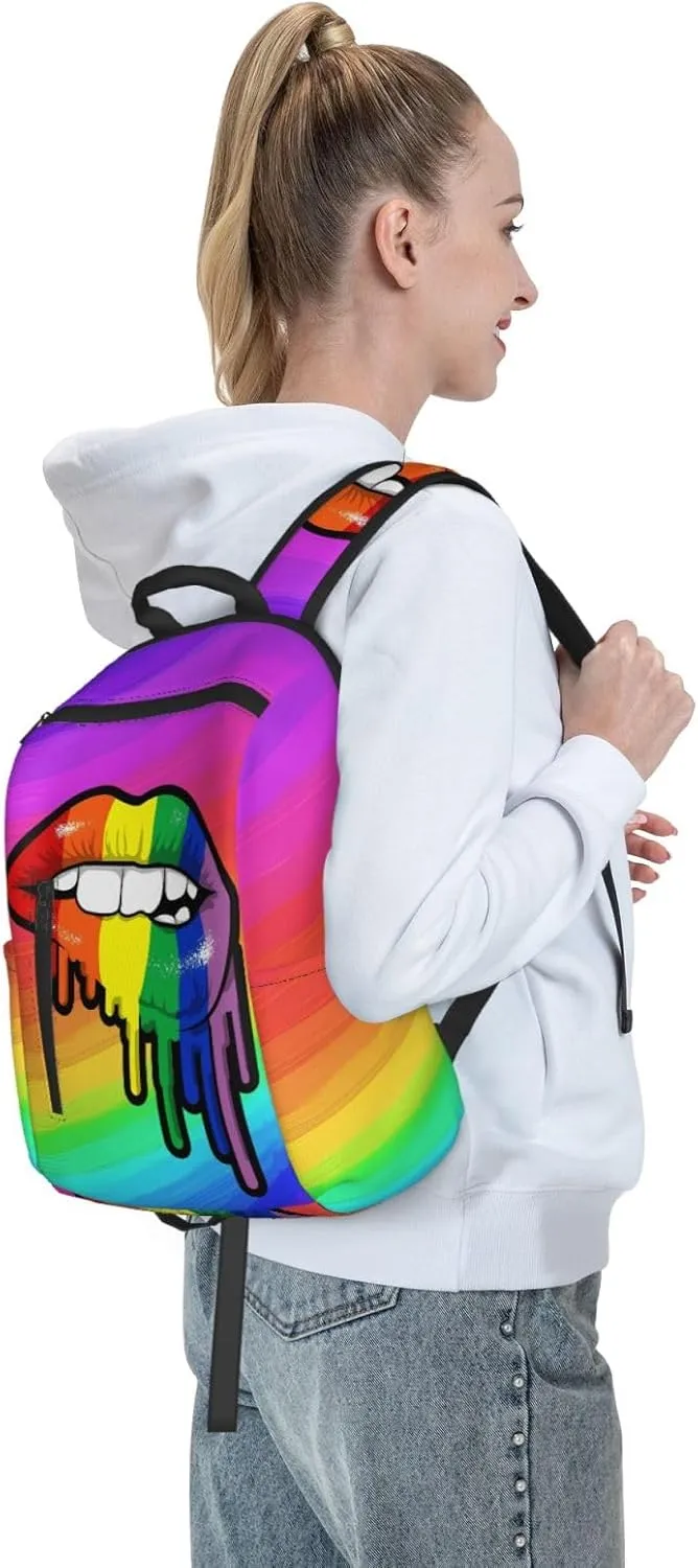 Rainbow Lip Drip Lesbian Gay Pride Bisexual Travel Laptop Backpack Casual Backpacks Double Shoulder Daypack Notebook Rucksack Work Bags Sports Bag for Gym Hiking Camping Beach