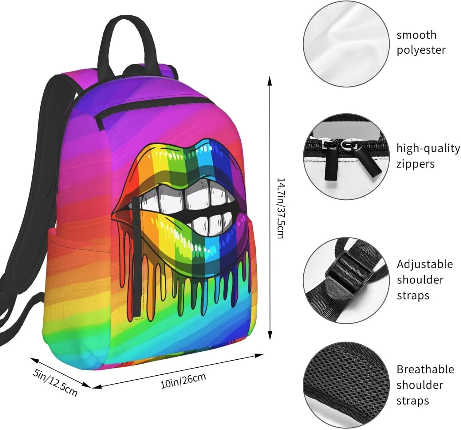 Rainbow Lip Drip Lesbian Gay Pride Bisexual Travel Laptop Backpack Casual Backpacks Double Shoulder Daypack Notebook Rucksack Work Bags Sports Bag for Gym Hiking Camping Beach